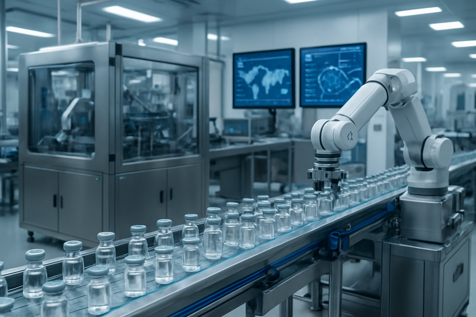 Create a realistic image of a modern pharmaceutical manufacturing facility with automated robotic systems and conveyor belts producing vaccine vials, featuring AI-powered monitors displaying supply chain analytics and optimization data, industrial machinery with sleek metallic surfaces, bright sterile lighting, glass vials moving through automated assembly lines, digital screens showing logistics networks and distribution maps, clean white and blue color scheme typical of medical facilities, high-tech atmosphere with precise manufacturing processes, absolutely NO text should be in the scene.