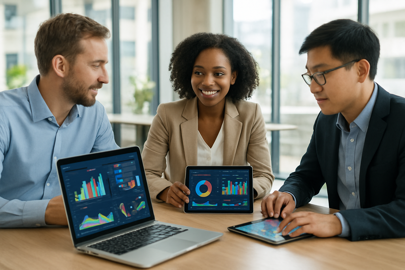 Create a realistic image of a diverse group of office employees including white male, black female, and Asian male professionals sitting around a modern conference table with laptops and tablets displaying colorful analytics dashboards and engagement metrics charts, with a bright contemporary office space featuring floor-to-ceiling windows and natural lighting in the background, conveying a collaborative and data-driven workplace atmosphere focused on measuring digital transformation success, absolutely NO text should be in the scene.