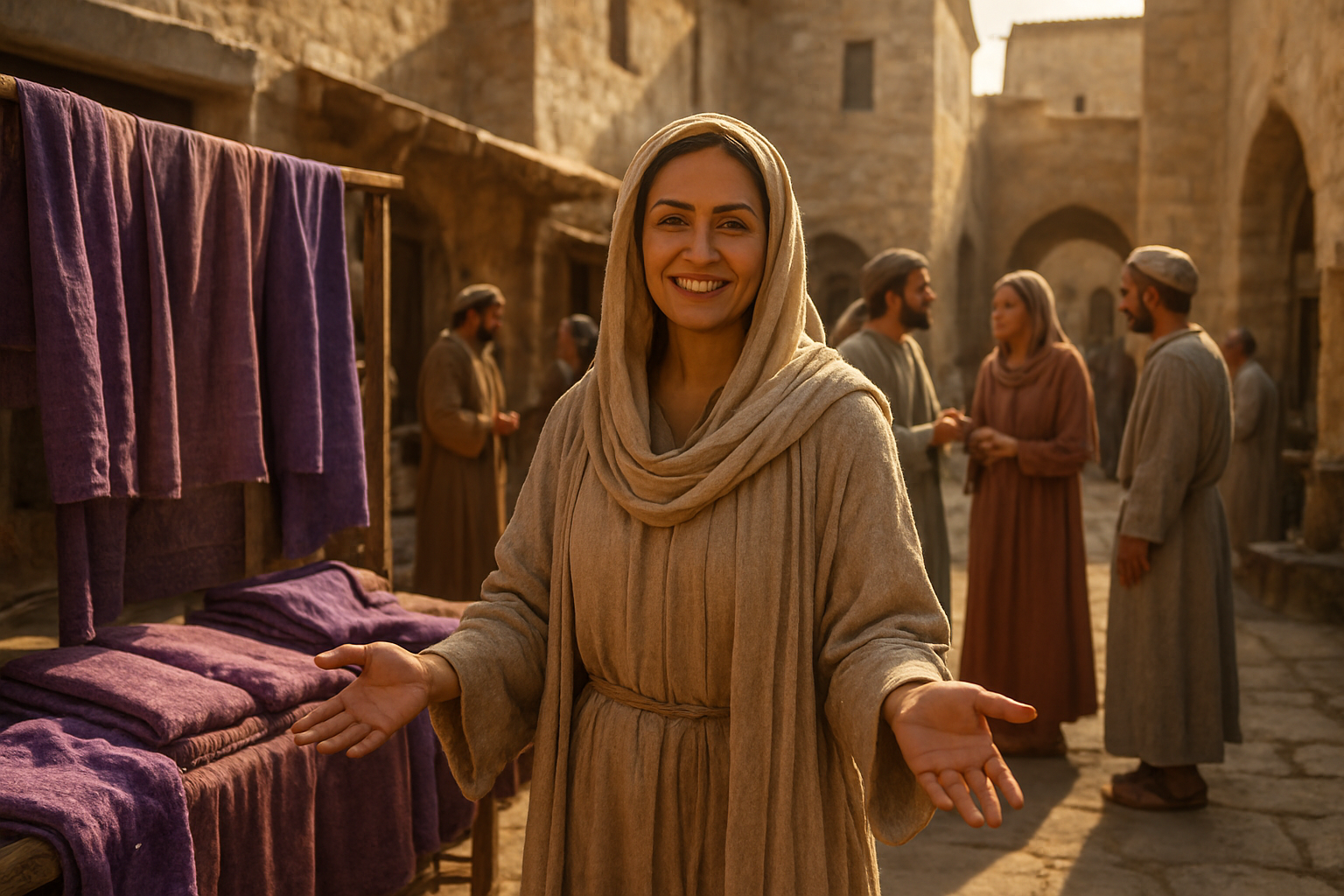 Create a realistic image of an ancient Mediterranean marketplace scene with a middle-eastern female merchant in biblical-era robes standing beside colorful purple fabric displays, welcoming visitors with open arms in a gesture of hospitality, surrounded by stone buildings with warm golden sunlight filtering through, creating an atmosphere of spiritual openness and community gathering, with other diverse people in period clothing engaged in peaceful conversation nearby, absolutely NO text should be in the scene.