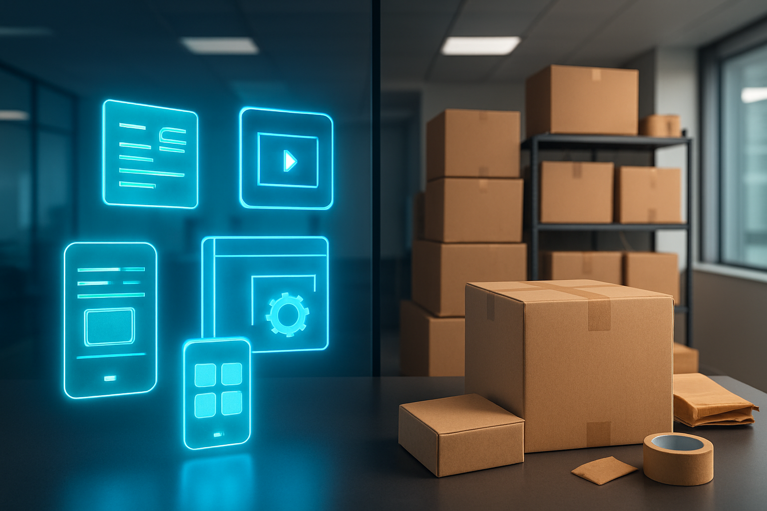 Create a realistic image of a modern split-screen comparison showing digital products floating as glowing holograms on the left side (including e-books, online courses, software icons, and mobile apps) contrasting with heavy physical products on the right side (boxes, inventory shelves, and shipping materials), set in a contemporary office environment with clean lighting, emphasizing the weightless and scalable nature of digital goods versus the bulk and storage requirements of physical products, absolutely NO text should be in the scene.