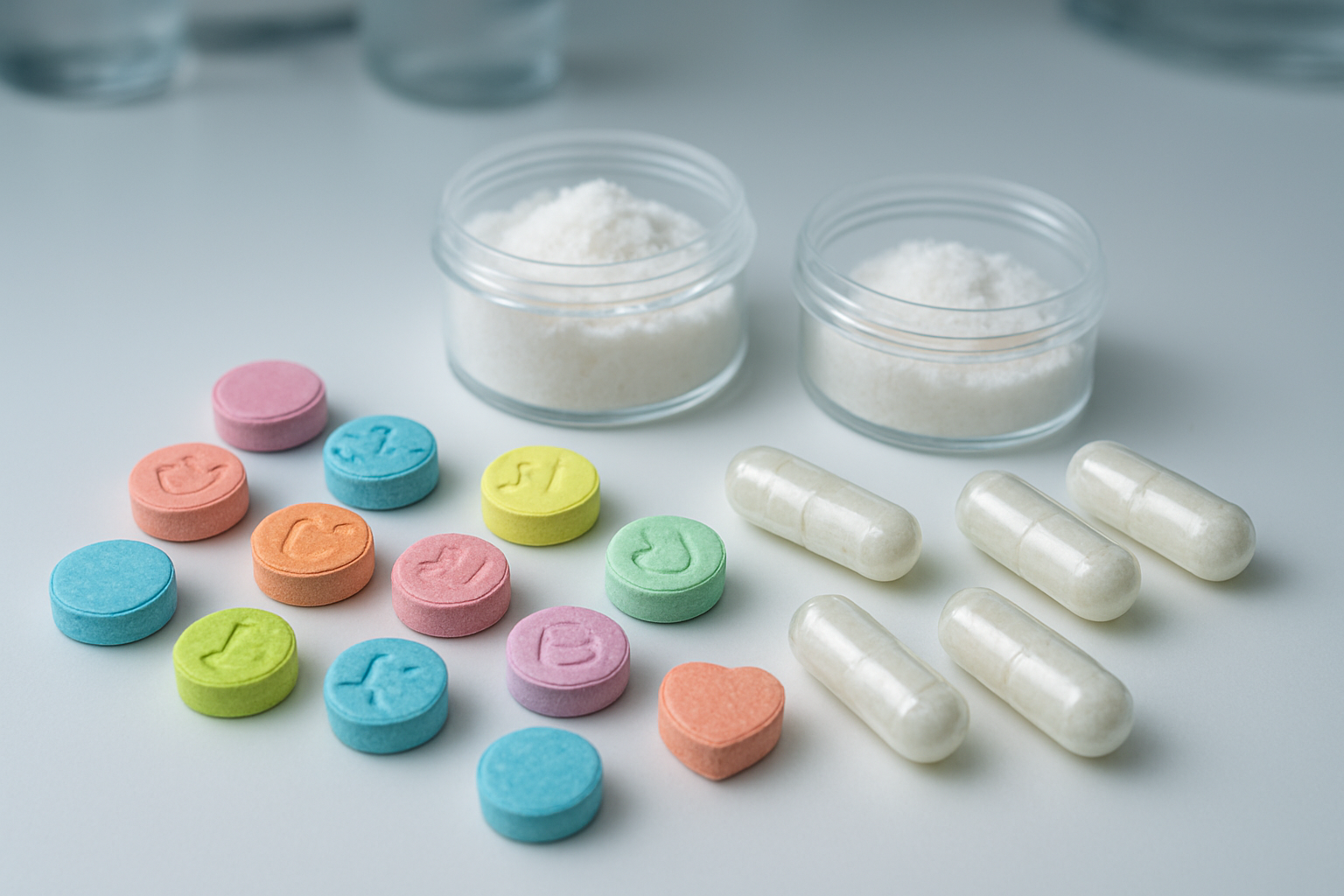 Create A Realistic Image Of Various Forms Of Mdma And Ecstasy Pills Arranged On A Clean White Laboratory Surface, Showing Different Physical Appearances Including Colorful Pressed Tablets With Various Shapes And Logos, White Crystalline Powder In Small Clear Containers, And Translucent Capsules Filled With Powder, All Displayed Under Bright Clinical Lighting With A Sterile Medical Or Forensic Laboratory Background, Captured From A Top-Down Perspective With Shallow Depth Of Field To Emphasize The Distinct Physical Differences Between Each Form, Absolutely No Text Should Be In The Scene.
