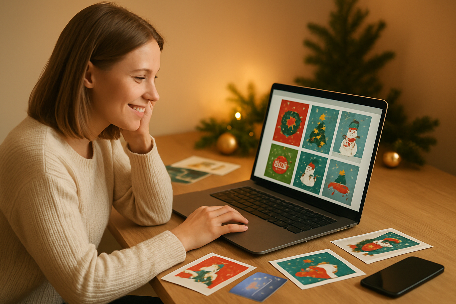 Create a realistic image of a white female sitting at a modern desk with a laptop computer open, displaying colorful Christmas and New Year greeting cards on the screen, with printed versions of festive cards scattered around the workspace, a credit card and smartphone nearby suggesting online shopping, warm golden lighting creating a cozy atmosphere, holiday decorations like small pine branches and ornaments in the background, conveying satisfaction and smart purchasing decisions, absolutely NO text should be in the scene.