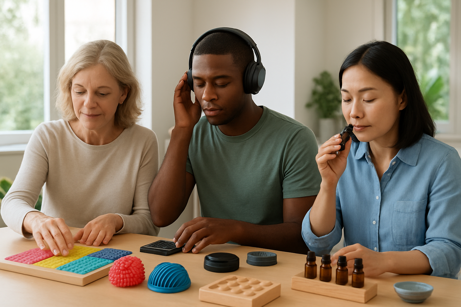 Create a realistic image of a diverse group of adults engaged in sensory brain training activities in a bright, modern wellness center, featuring a middle-aged white female touching different textured objects on a table, a young black male wearing headphones while identifying sounds, and an Asian female practicing aromatherapy with essential oils, surrounded by colorful sensory training equipment including texture boards, sound equipment, and scent stations, with natural lighting streaming through large windows creating a calm and focused atmosphere, absolutely NO text should be in the scene.