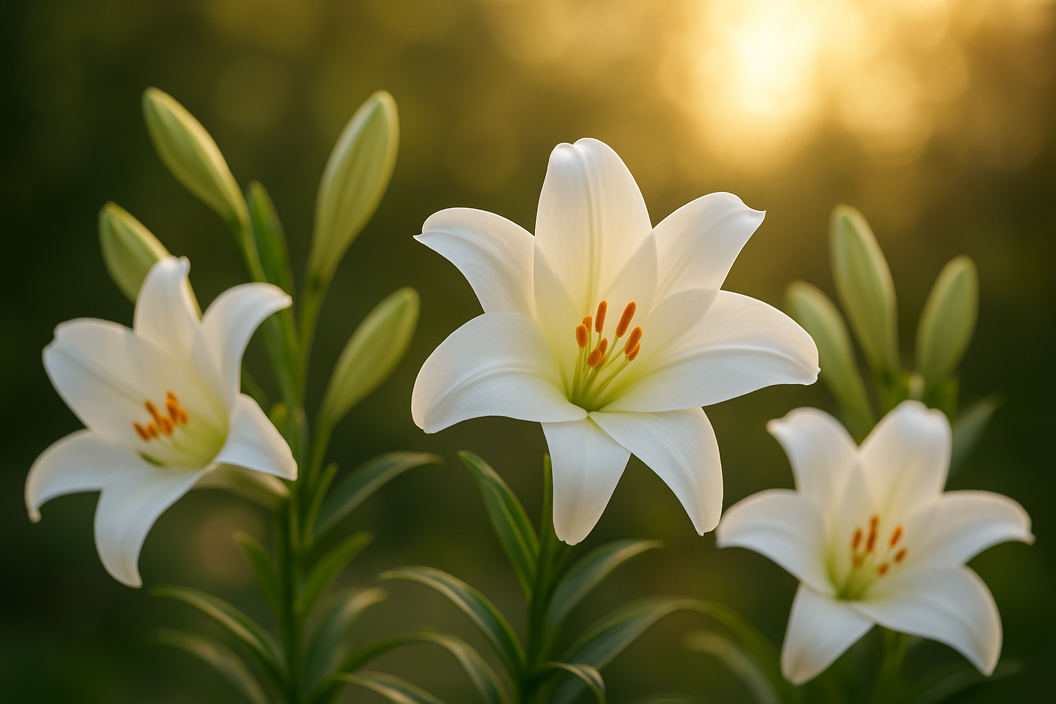 Create a realistic image of pristine white Easter lilies in full bloom arranged as the main focal point, with their elegant trumpet-shaped petals and golden stamens clearly visible, set against a soft natural background with warm golden sunlight filtering through, creating a peaceful and sacred atmosphere that conveys spiritual reverence and purity, with additional unopened lily buds nearby and fresh green foliage, capturing the serene beauty and sacred symbolism of these Easter flowers in a garden or church setting, absolutely NO text should be in the scene.
