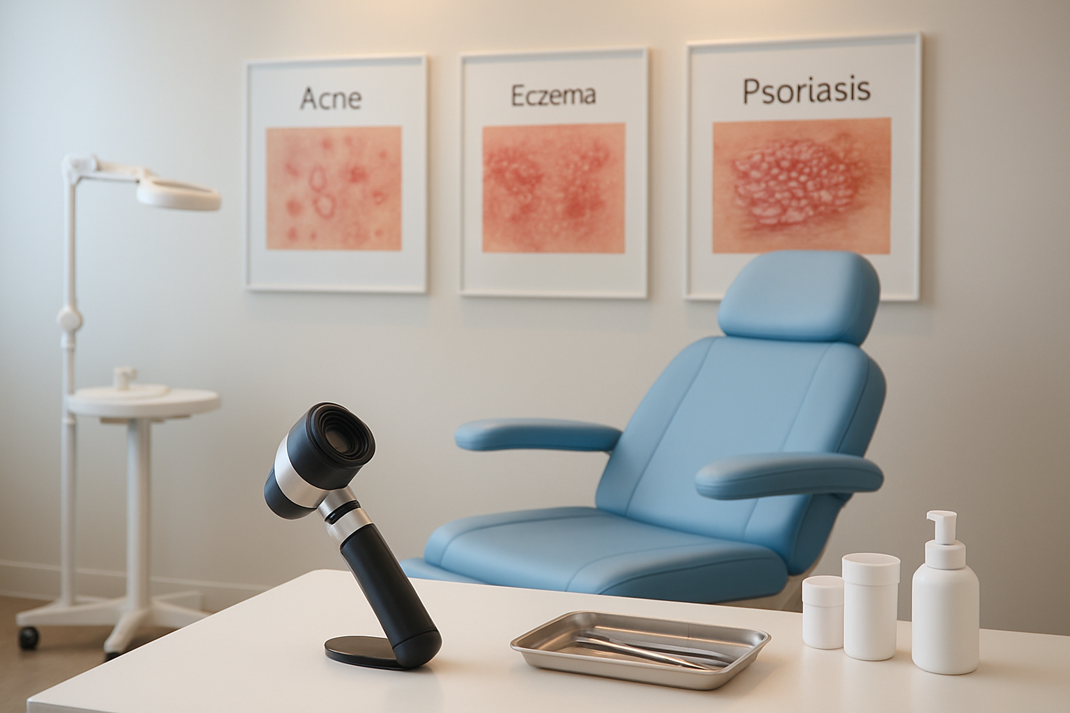 Create a realistic image of a modern dermatology clinic examination room with medical equipment including a dermatoscope, examination chair, and treatment tools on a clean white medical counter, with informational posters showing various skin conditions like acne, eczema, and psoriasis mounted on the wall, featuring warm professional lighting and a clean clinical atmosphere with white and light blue color scheme, absolutely NO text should be in the scene.