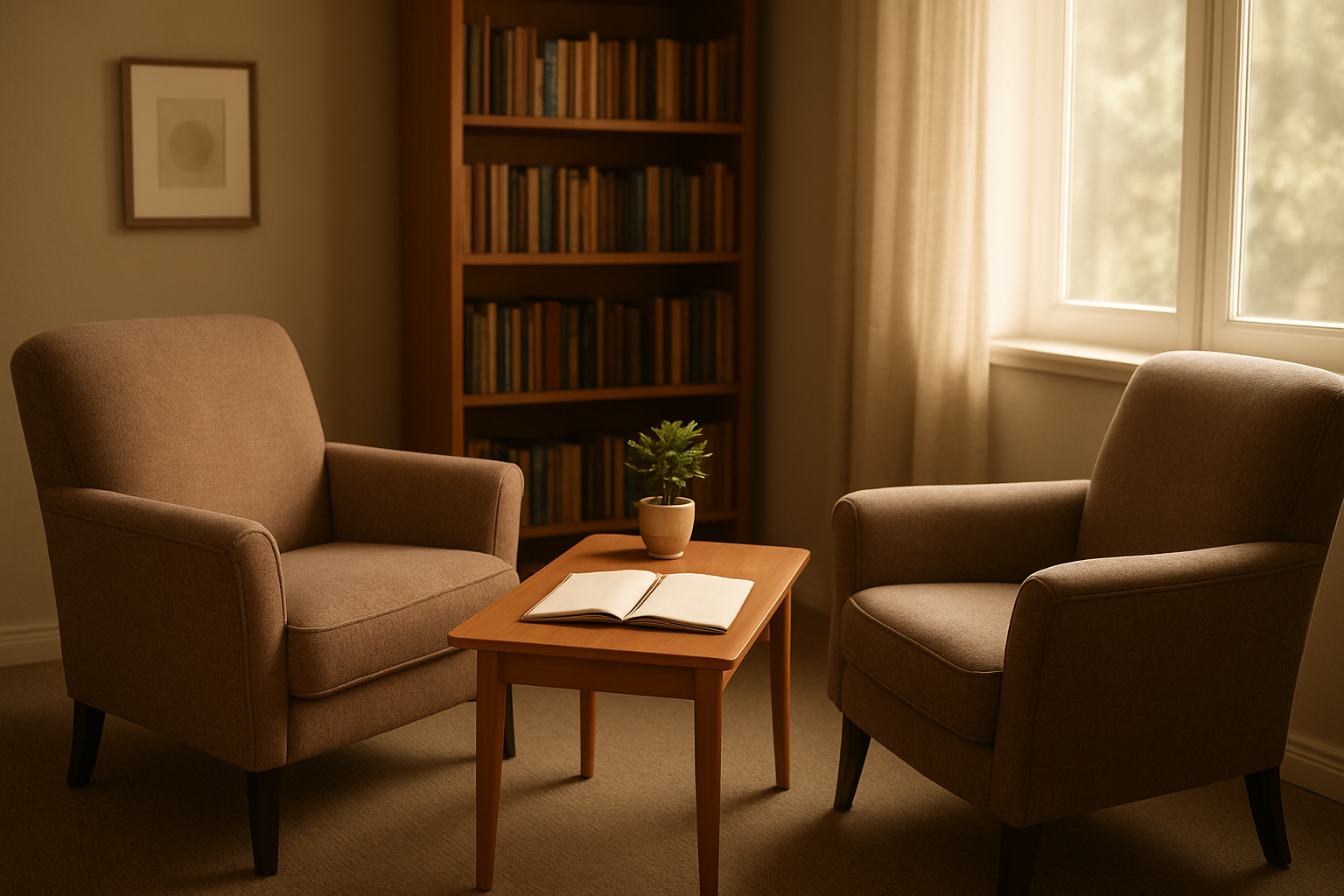Create a realistic image of a warm, softly-lit therapy office or counseling room with two comfortable chairs facing each other, a small table with an open notebook and pen, bookshelves filled with psychology and philosophy books in the background, natural light streaming through a window creating a peaceful atmosphere, with subtle symbolic elements like a small plant representing growth and healing, conveying a sense of hope, understanding, and therapeutic conversation. Absolutely NO text should be in the scene.