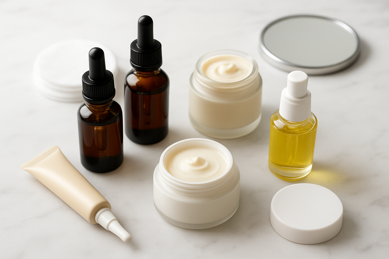 Create a realistic image of various skincare treatment products arranged on a clean white marble surface, including serums in dark glass dropper bottles, cream jars, spot treatment tubes, and facial oils, with soft natural lighting from above creating gentle shadows, featuring products with different textures and colors representing treatments for acne, aging, hyperpigmentation, and sensitivity, with some products having their caps removed to show droppers and pump dispensers, surrounded by subtle skincare props like cotton pads and a small mirror, maintaining a minimalist and professional aesthetic with a bright, clean background, absolutely NO text should be in the scene.