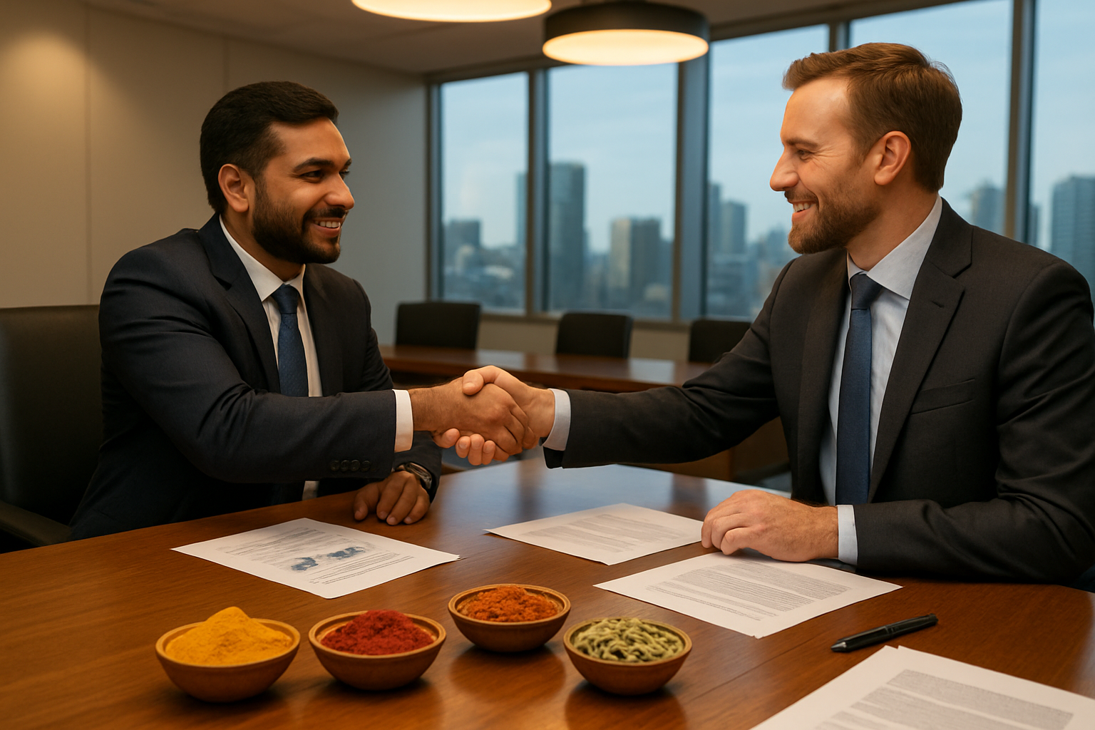 Create a realistic image of a modern business meeting room with a polished wooden conference table where two businessmen - one Indian male and one white male - are shaking hands across the table, surrounded by small bowls containing colorful Indian spices like turmeric, red chili powder, and cardamom pods, with business documents and contracts visible on the table, warm professional lighting from overhead fixtures, large windows showing a city skyline in the background, creating a successful partnership atmosphere, absolutely NO text should be in the scene.