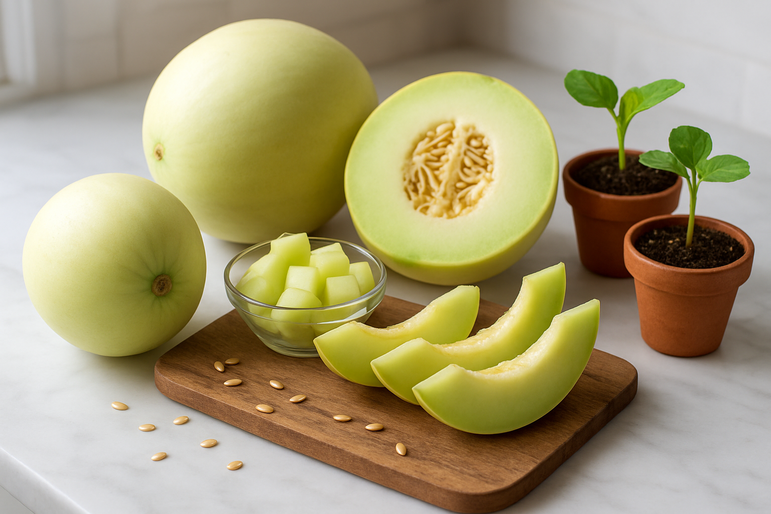 Create a realistic image of a beautifully arranged display featuring whole and sliced honeydew melons on a rustic wooden cutting board, with fresh honeydew cubes in a glass bowl, a few honeydew slices fanned out showing the pale green flesh and seeds, small potted honeydew seedlings in terracotta pots, and scattered honeydew seeds, all set on a clean white marble kitchen countertop with soft natural lighting from a nearby window creating gentle shadows, capturing a fresh and inviting atmosphere that represents the complete journey from growing to enjoying honeydew melons, absolutely NO text should be in the scene.