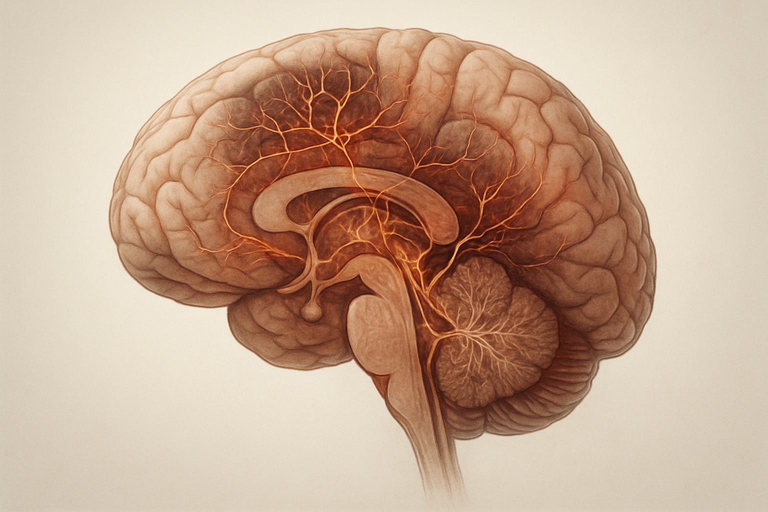 Create a realistic image of a detailed anatomical illustration showing a human brain in cross-section with visible neural pathways and synapses, highlighting areas affected by addiction through subtle color variations or dimmed regions, set against a clean medical or scientific background with soft, professional lighting that emphasizes the brain's intricate structure and damaged neural connections, conveying a serious yet educational mood about neurological impact. Absolutely NO text should be in the scene.