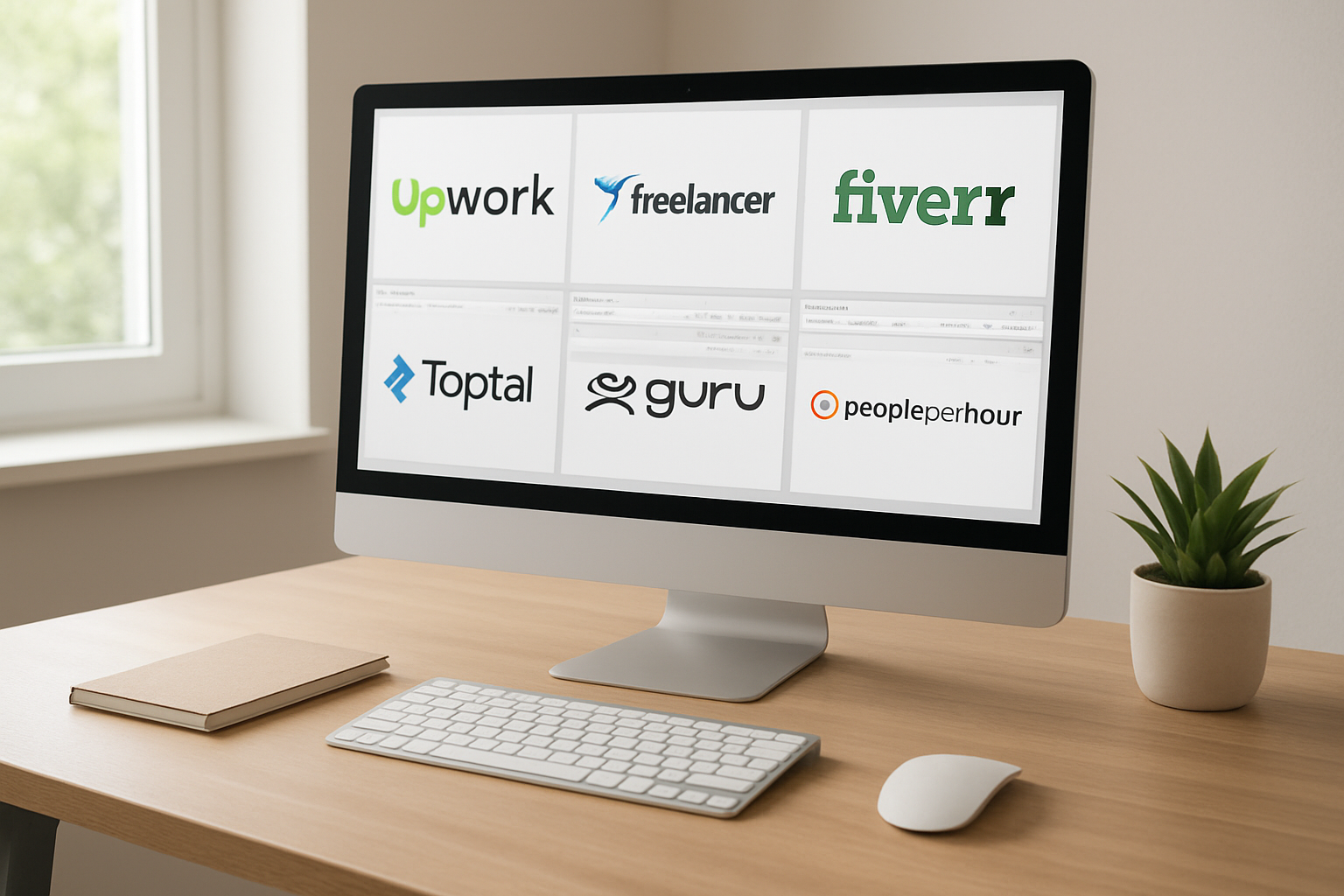 Create a realistic image of a modern workspace showing a computer monitor displaying multiple website logos and platform interfaces for freelance job sites, with a clean desk setup including a keyboard, mouse, and notepad, surrounded by soft natural lighting from a nearby window, creating a professional and organized atmosphere for online work opportunities. Absolutely NO text should be in the scene.