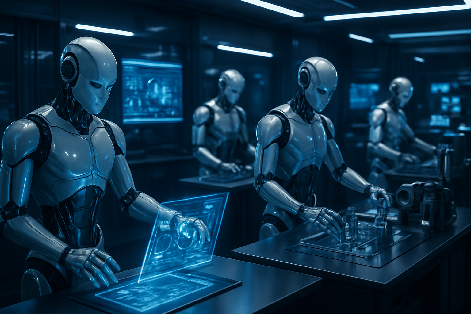 Create a realistic image of multiple sleek humanoid robots working independently at different workstations in a modern high-tech laboratory, each robot performing distinct tasks like analyzing data on holographic displays, manipulating scientific equipment, and operating advanced machinery, with blue and white LED lighting illuminating the scene, chrome and metallic surfaces reflecting ambient light, futuristic computer interfaces glowing in the background, conveying an atmosphere of advanced artificial intelligence and automation, absolutely NO text should be in the scene.