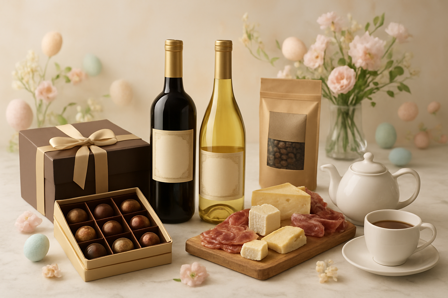 Create a realistic image of an elegant Easter-themed gourmet food and beverage gift arrangement featuring artisanal chocolates in decorative boxes, premium wine bottles with elegant labels, gourmet cheese and charcuterie selections, specialty coffee beans in attractive packaging, and luxury tea sets, all beautifully arranged on a marble countertop with soft pastel Easter decorations like delicate flowers and subtle egg motifs in the background, warm natural lighting creating an inviting and sophisticated atmosphere, absolutely NO text should be in the scene.