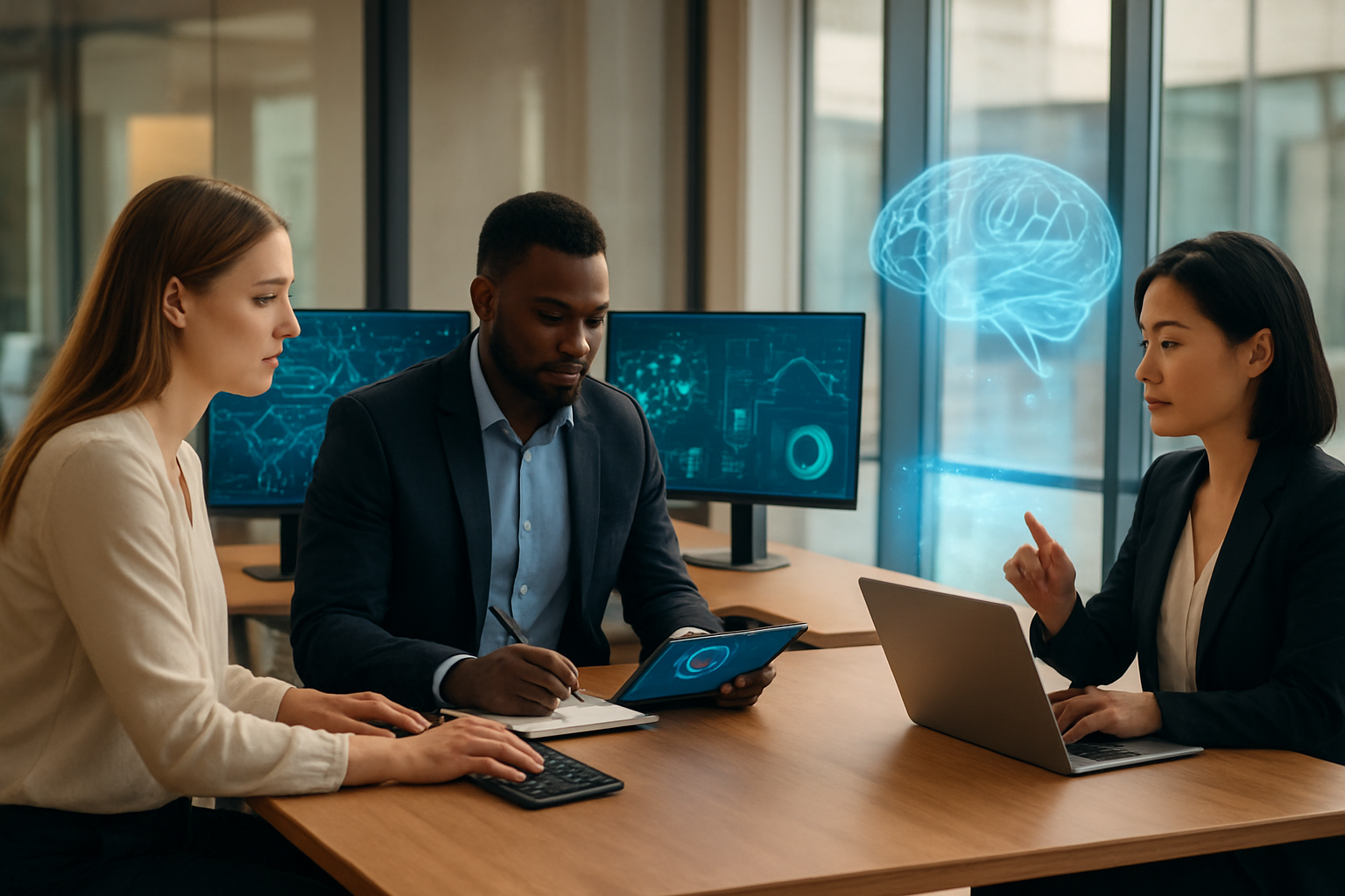 Create a realistic image of a diverse group of professionals working collaboratively in a modern office environment, featuring a white female data scientist analyzing complex visualizations on multiple monitors, a black male researcher taking notes while reviewing AI-generated insights on a tablet, and an Asian female executive making strategic decisions based on enhanced cognitive tools, with sleek laptops, neural network diagrams displayed on screens, brain-computer interface concepts visualized through holographic projections, warm natural lighting streaming through large windows, creating an atmosphere of innovation and enhanced human intelligence, with modern furniture and a clean, technology-forward workspace that emphasizes human-AI collaboration for improved cognitive performance, absolutely NO text should be in the scene.