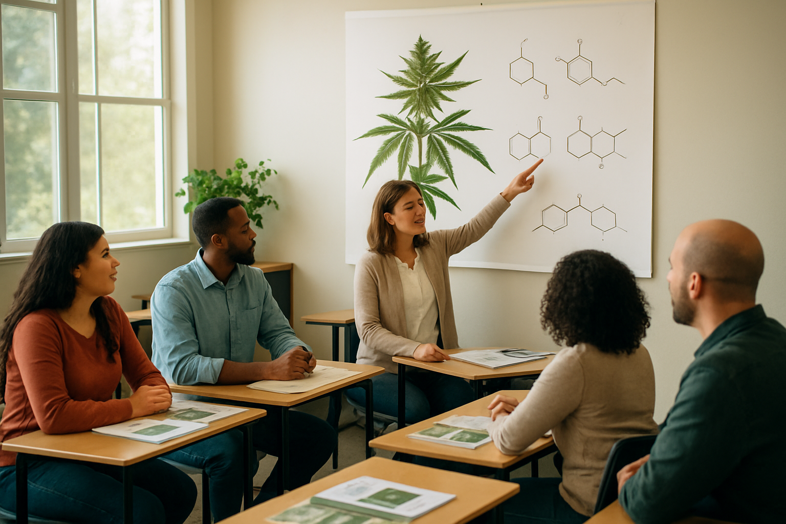 Create a realistic image of a modern educational classroom setting with a diverse group of adults including white, black, and Hispanic males and females seated at desks, attentively listening to a white female instructor who is pointing to a large botanical chart displaying cannabis plant anatomy and terpene molecular structures on the wall, with educational materials about responsible cannabis use scattered on the desks, warm natural lighting streaming through windows, professional and academic atmosphere, green plants visible in the background, and a clean, organized learning environment. Absolutely NO text should be in the scene.