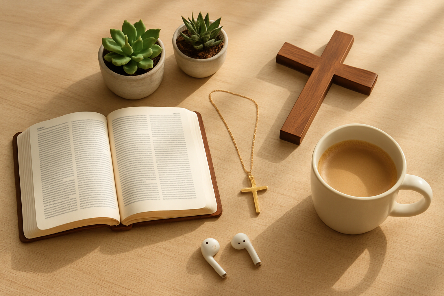 Create a realistic image of a warm, inviting flat lay scene featuring a diverse collection of Christian gifts arranged on a light wooden table, including an open devotional book, a delicate gold cross necklace, small potted succulents, a modern wooden cross wall decoration, wireless earbuds, and a coffee mug, all artfully arranged with soft natural lighting from a nearby window creating gentle shadows, conveying a sense of faith, community, and modern spirituality perfect for young adults, absolutely NO text should be in the scene.