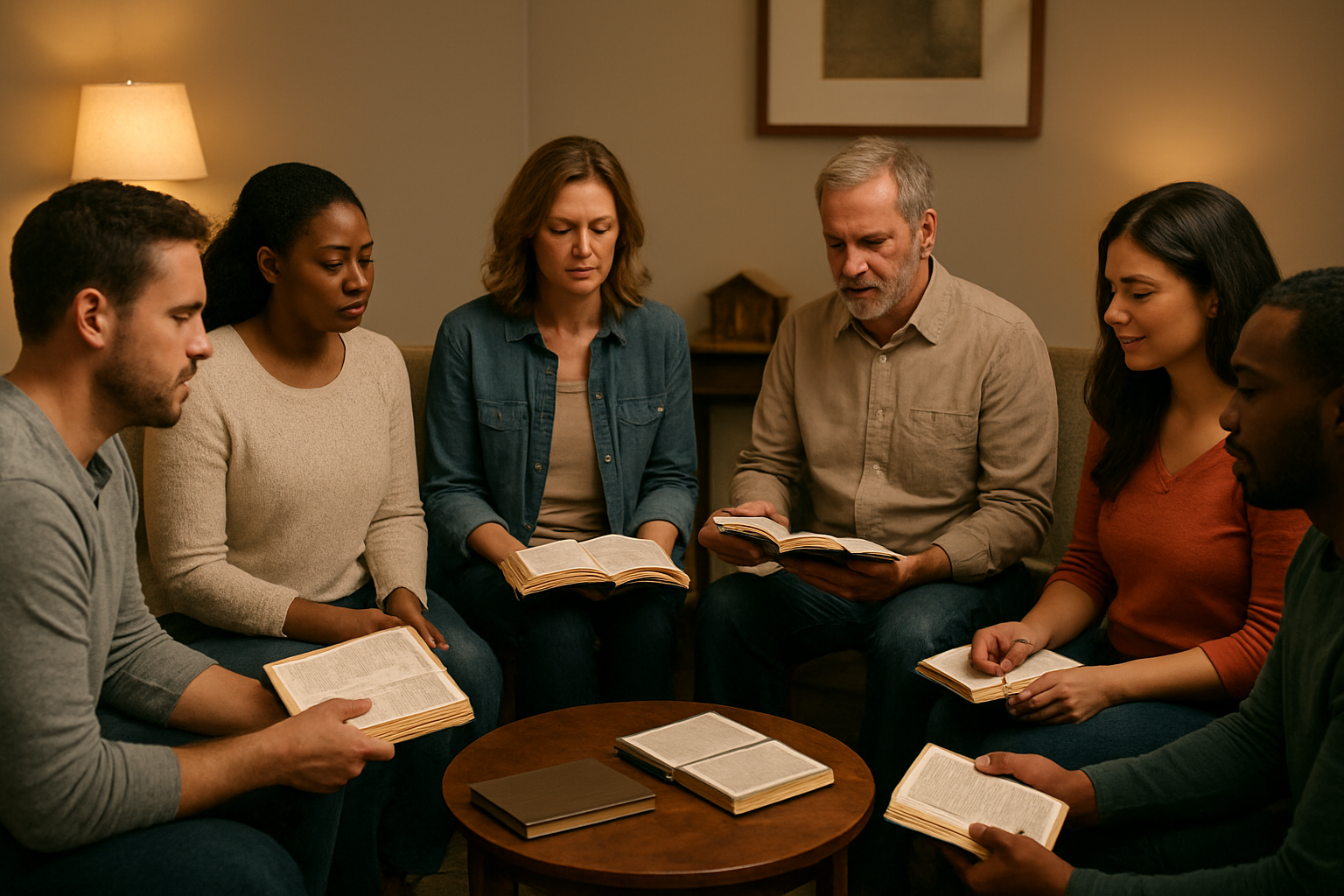 Create a realistic image of a diverse group of modern believers including white, black, and Hispanic women and men of various ages sitting in a circle during a Bible study session, with open Bibles and notebooks in their hands, soft warm lighting from overhead lamps creating an intimate atmosphere, a cozy living room setting with comfortable chairs and a coffee table, peaceful and contemplative expressions on their faces as they engage in learning, with a small nativity scene visible on a side table in the background, absolutely NO text should be in the scene.