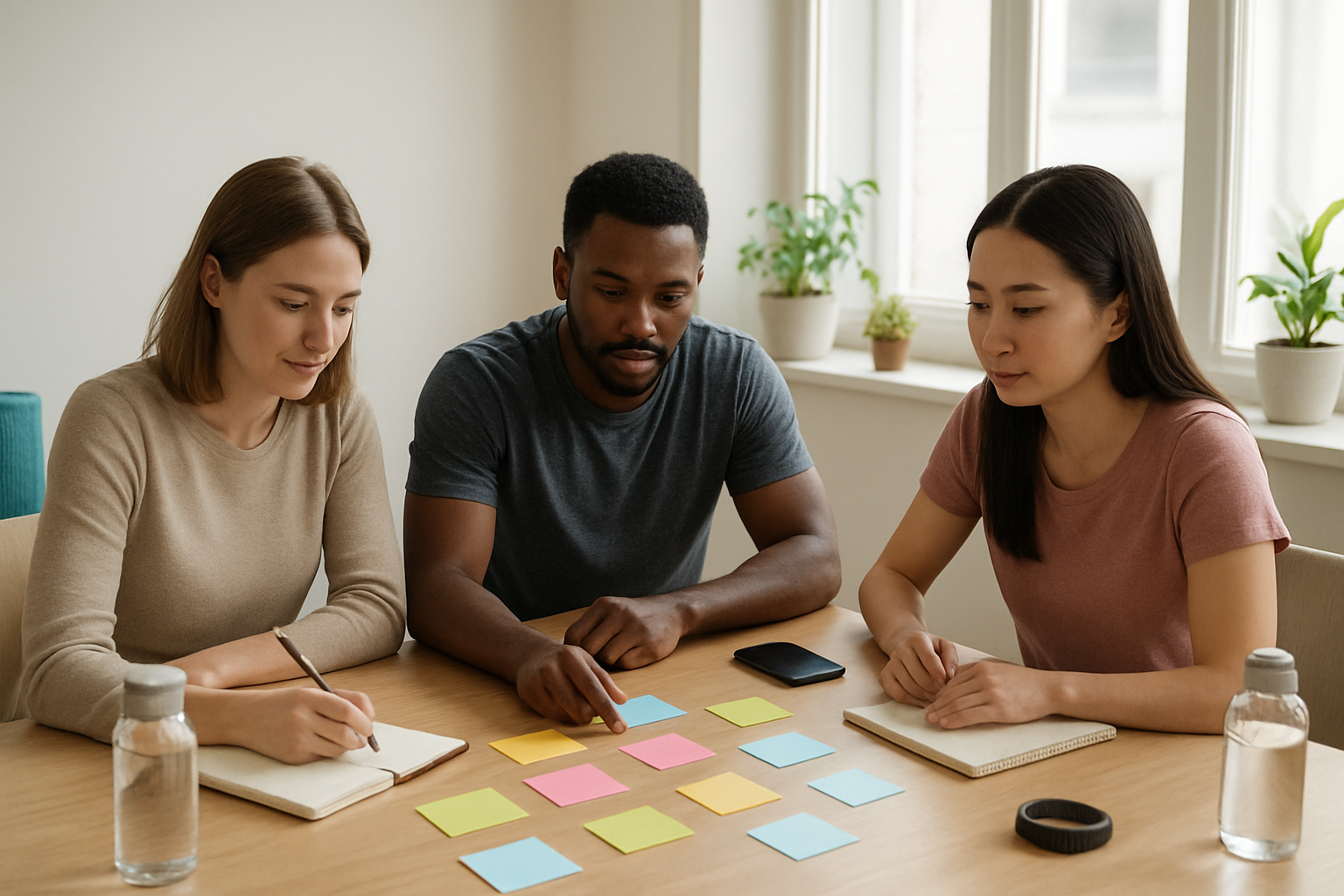Create a realistic image of a diverse group of people including a white female, black male, and Asian female sitting around a modern wooden table in a bright, minimalist room with natural lighting from large windows, actively engaged in wellness planning with colorful sticky notes, notebooks, water bottles, a yoga mat rolled up in the corner, fresh plants on windowsills, and fitness tracking devices visible on the table, conveying a focused yet relaxed atmosphere of goal-setting and healthy lifestyle planning, with soft natural lighting creating an inspiring and motivational mood. Absolutely NO text should be in the scene.
