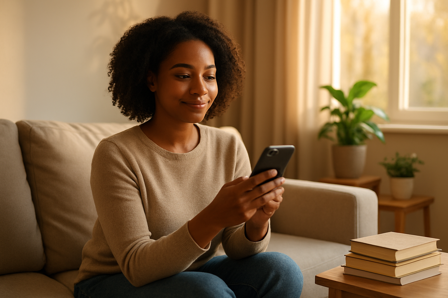 Create a realistic image of a peaceful indoor scene showing a young black woman sitting comfortably in a modern living room, looking calm and confident while holding a smartphone with a gentle smile, surrounded by warm natural lighting from a large window, with soft neutral-toned furniture, a few green plants, and books on personal growth visible on a nearby coffee table, conveying a sense of emotional healing and moving forward, shot with soft golden hour lighting that creates a hopeful and empowering atmosphere, absolutely NO text should be in the scene.