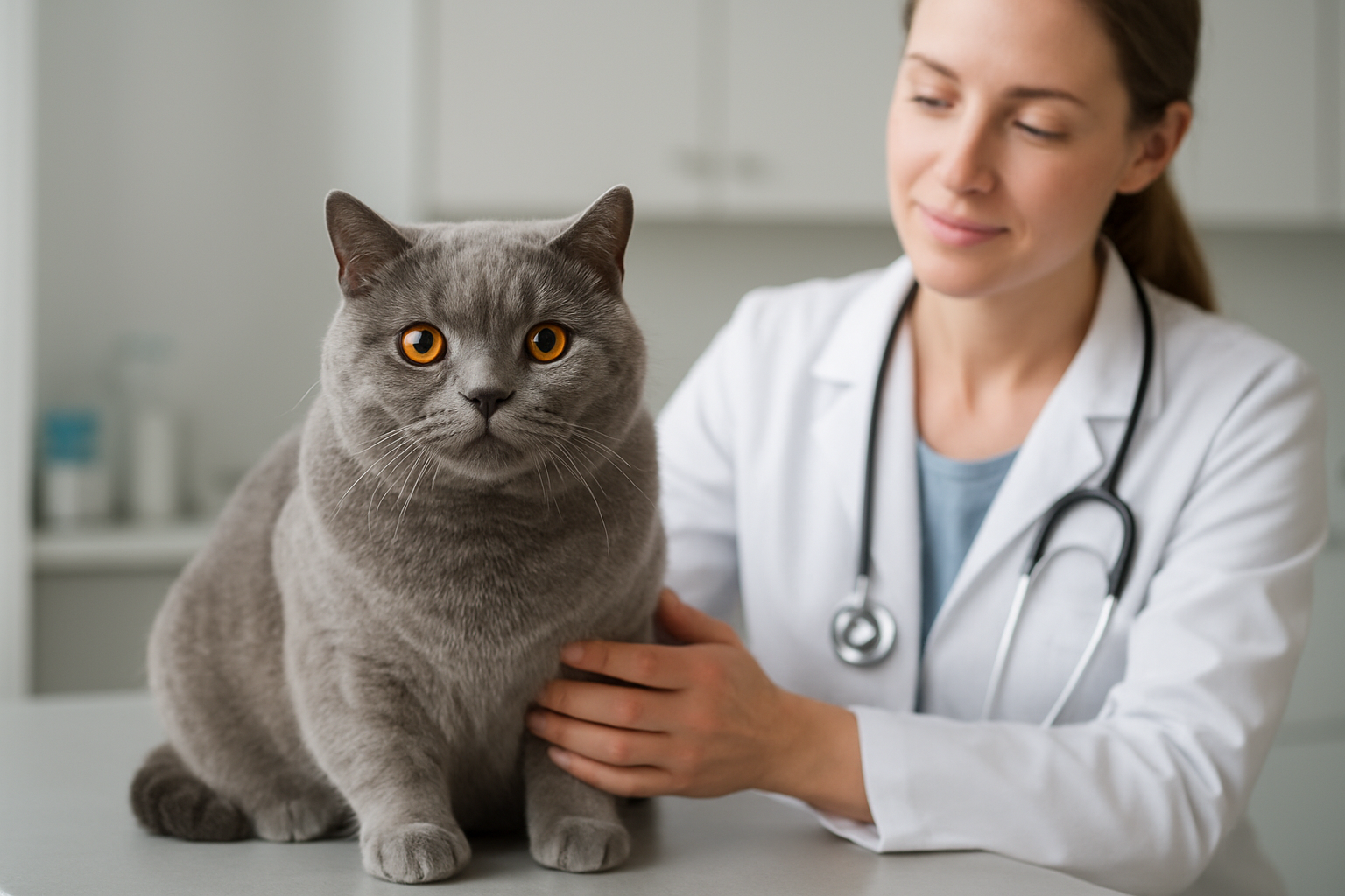 Create a realistic image of a beautiful British Shorthair cat with classic blue-gray dense coat and round copper eyes sitting on a modern veterinary examination table, with a white female veterinarian in the background wearing a white coat and stethoscope gently examining the cat, soft medical office lighting, clean clinical environment with subtle medical equipment visible on counters, peaceful and professional atmosphere showing responsible pet healthcare, Absolutely NO text should be in the scene.