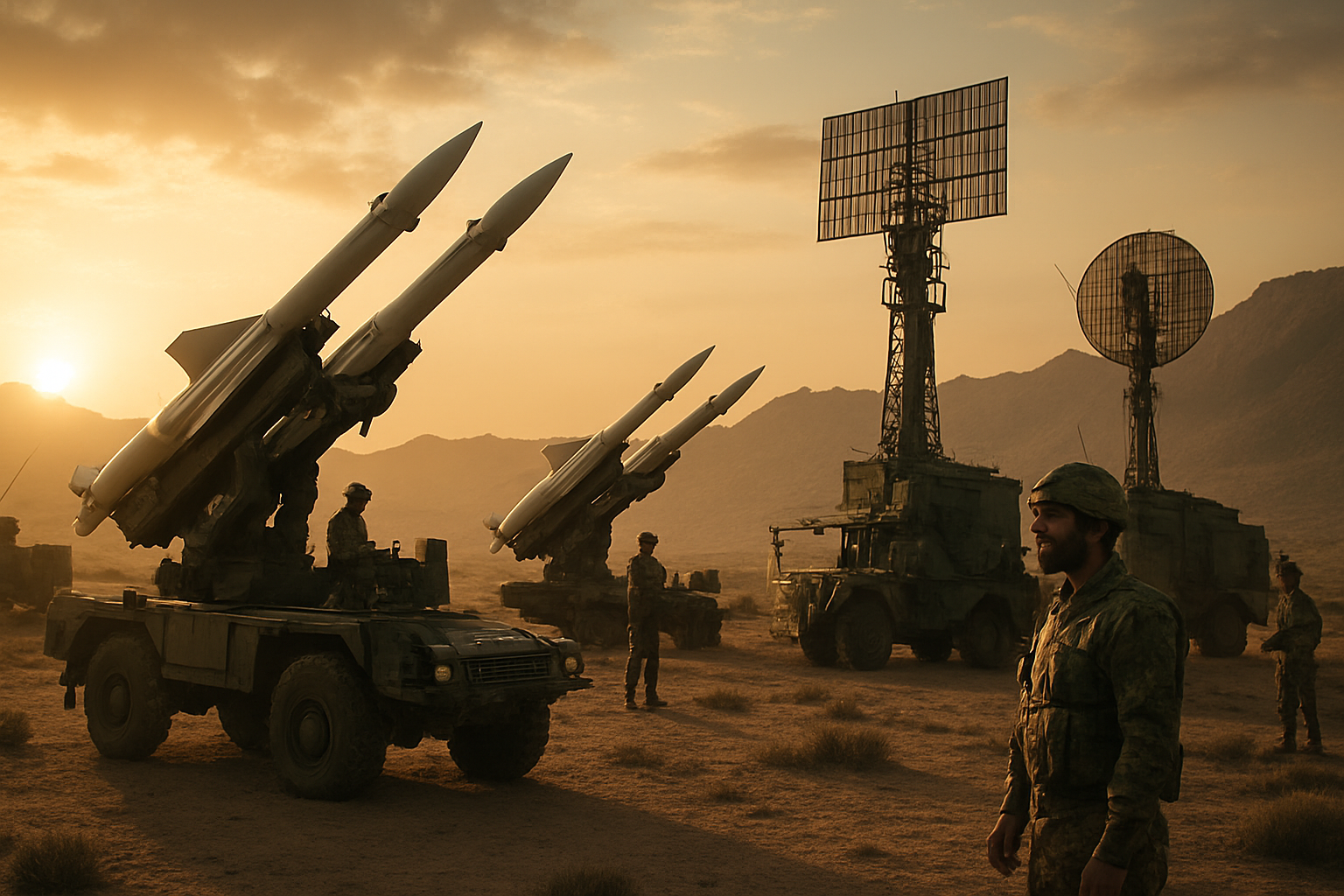 Create a realistic image of Iranian military defense systems including missile launchers, radar installations, and armored vehicles positioned in a desert landscape with mountains in the background, featuring Middle Eastern male soldiers in military uniforms operating the equipment, with dramatic lighting from a setting sun casting long shadows across the strategic military outpost, conveying a sense of preparedness and defensive capability, absolutely NO text should be in the scene.