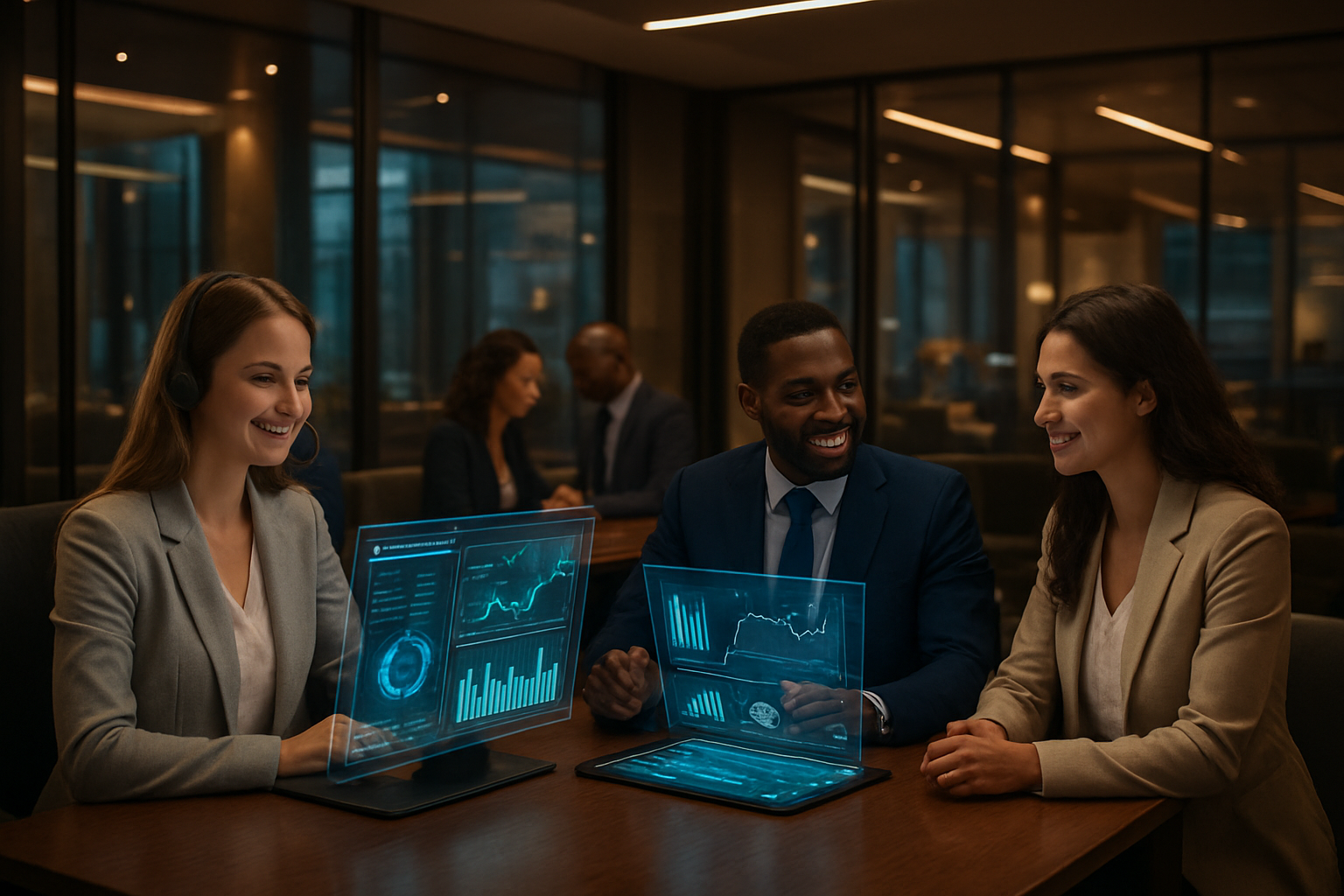 Create a realistic image of a modern financial services office with a diverse group of professionals including a white female customer service representative and a black male financial advisor using advanced digital interfaces and AI-powered tablets to assist clients, featuring holographic data visualizations floating above sleek workstations, warm ambient lighting creating a welcoming atmosphere, contemporary glass and steel architecture in the background, with customers appearing satisfied and engaged while receiving personalized financial guidance through interactive digital displays and touchscreen technology. Absolutely NO text should be in the scene.