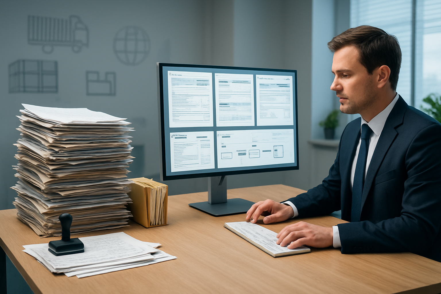 Create a realistic image of a modern office workspace showing the transition from manual to automated documentation processes, with a desk split into two sections - one side cluttered with paper documents, manual stamps, and filing folders representing traditional freight forwarding paperwork, and the other side featuring a sleek computer monitor displaying digital shipping documents and automated workflow interfaces, with a white male professional in business attire working at the digital side, surrounded by clean organized space, bright office lighting, and subtle background elements like shipping containers or logistics symbols, conveying efficiency and technological advancement, absolutely NO text should be in the scene.