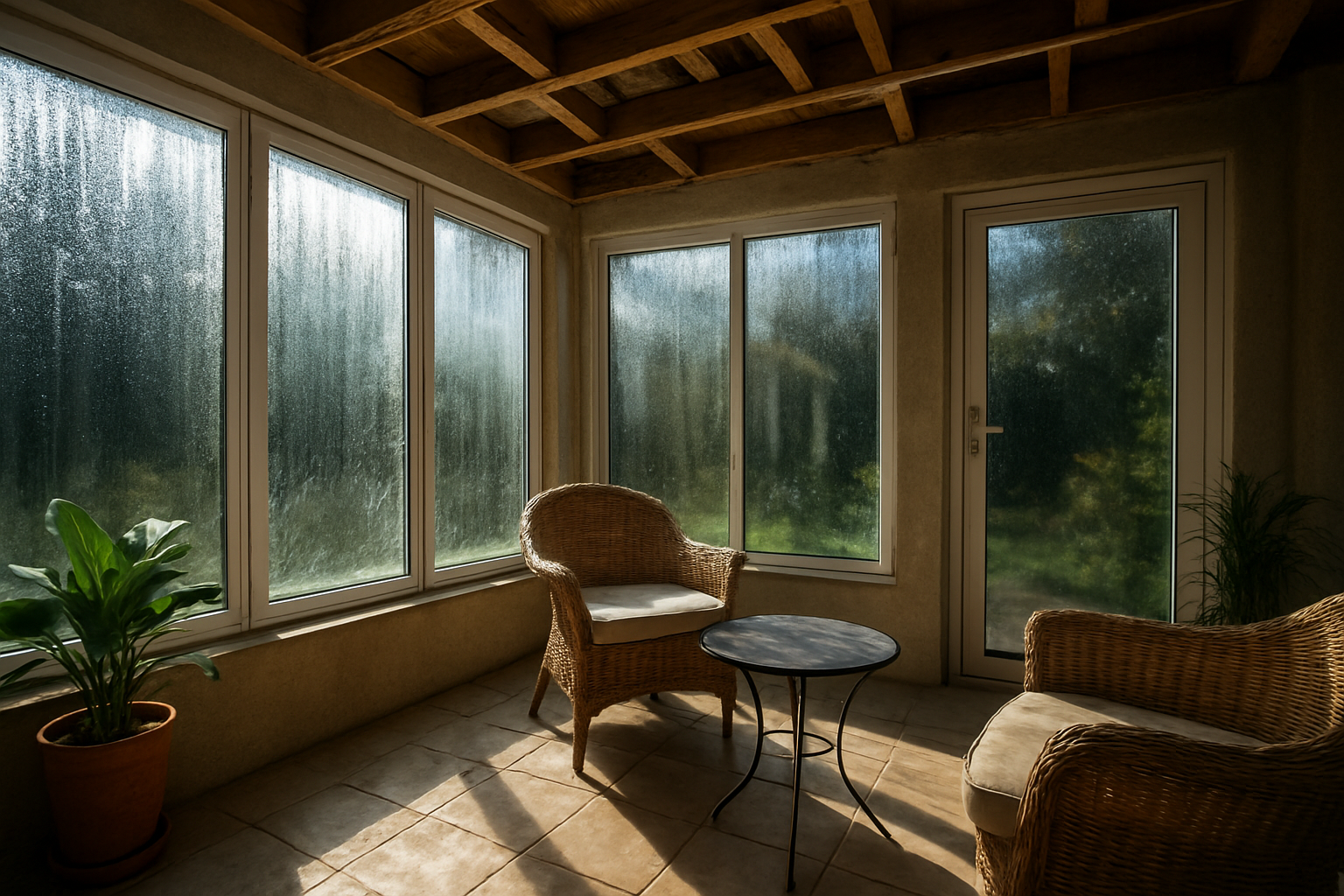 Create a realistic image of a sunroom interior showing various insulation challenges, featuring large glass windows and doors with visible condensation droplets, exposed ceiling beams revealing gaps where heat escapes, uneven lighting creating hot and cold spots throughout the space, a mix of bright sunlight streaming through some windows while shadows fall in corners, comfortable furniture like wicker chairs and a small table positioned around the room, potted plants placed near windows, and the overall scene depicting temperature control issues with some areas appearing overly bright from sun exposure while others look cooler and shadowed, set during daytime with natural lighting highlighting the insulation problems, Absolutely NO text should be in the scene.
