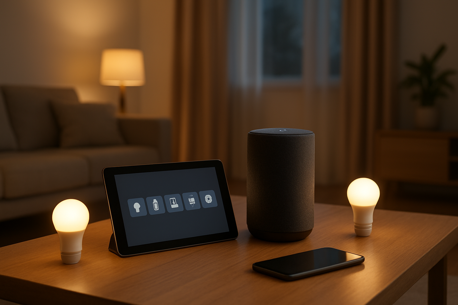 Create a realistic image of a modern living room with a smart speaker device prominently placed on a wooden coffee table, surrounded by various connected smart home devices including smart light bulbs glowing softly, a tablet displaying a home automation interface, and a smartphone, with a cozy contemporary home interior featuring neutral colors, warm ambient lighting, and sleek furniture in the background, absolutely NO text should be in the scene.