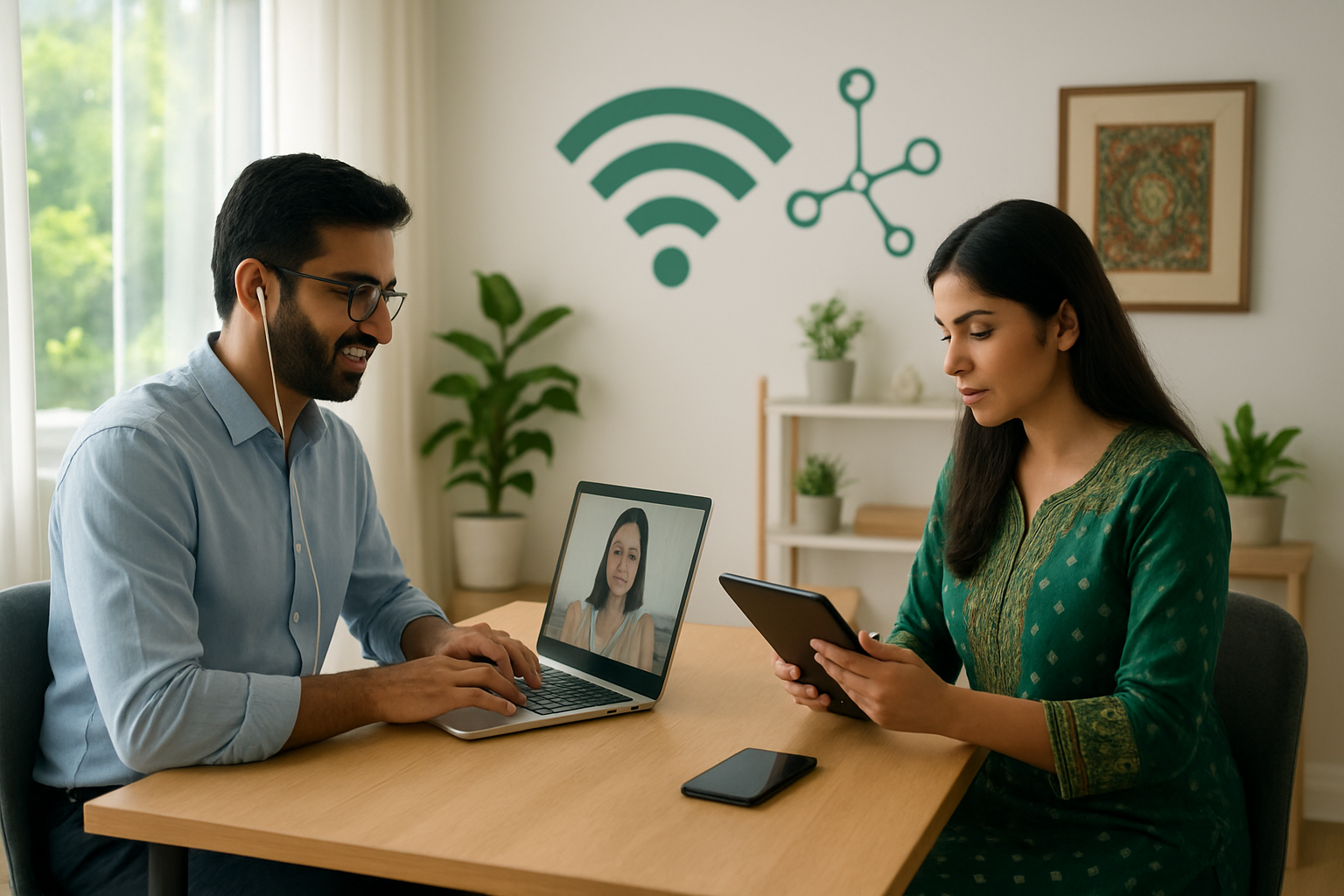 Create a realistic image of a modern Pakistani professional workspace showing South Asian male and female remote workers using laptops and digital devices in a contemporary home office setting, with elements representing Pakistan's growing digital economy like modern technology, high-speed internet connectivity symbols, and a subtle Pakistani cultural touch through traditional patterns or colors in the decor, bright natural lighting streaming through windows creating an optimistic and productive atmosphere, people engaged in video calls and digital work activities, clean minimalist background with plants and modern furniture, conveying growth and opportunity in the digital sector, absolutely NO text should be in the scene.