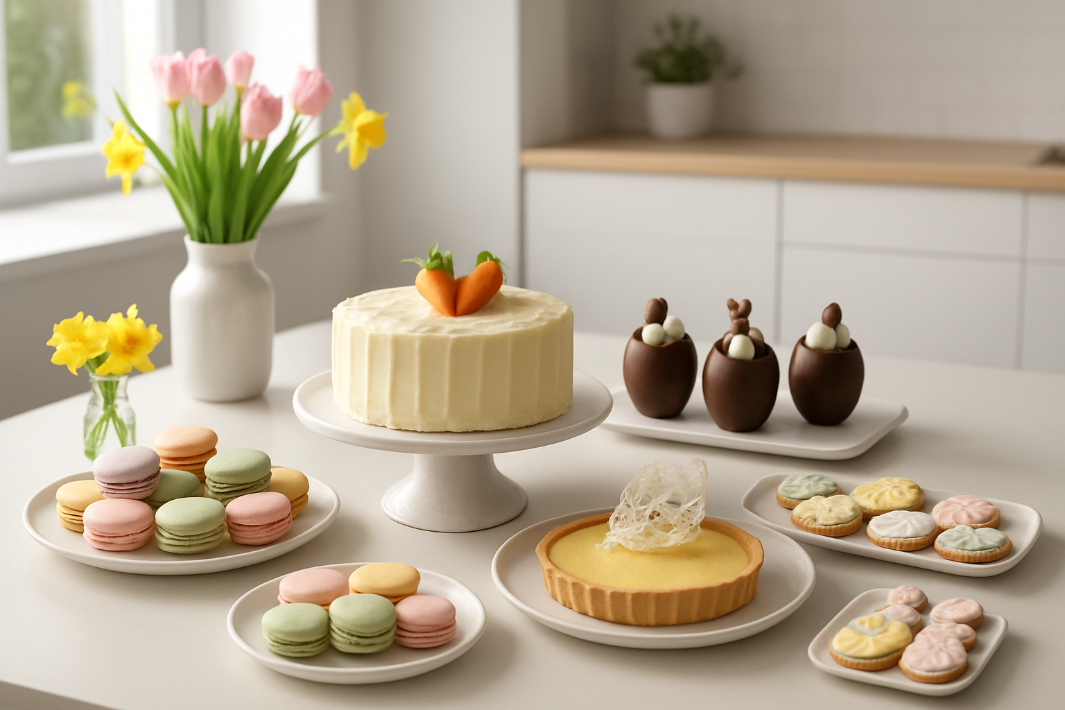 Create a realistic image of an elegant Easter dessert spread on a modern dining table featuring contemporary treats like pastel-colored macarons, stylized carrot cake with cream cheese frosting, chocolate Easter egg mousse cups, lemon tart with decorative sugar work, and artisanal Easter cookies arranged on sleek white serving platters and marble cake stands, with soft natural lighting streaming through a window creating gentle shadows, fresh spring flowers like tulips and daffodils as table decorations, and a bright, clean kitchen or dining room background with modern decor, Absolutely NO text should be in the scene.