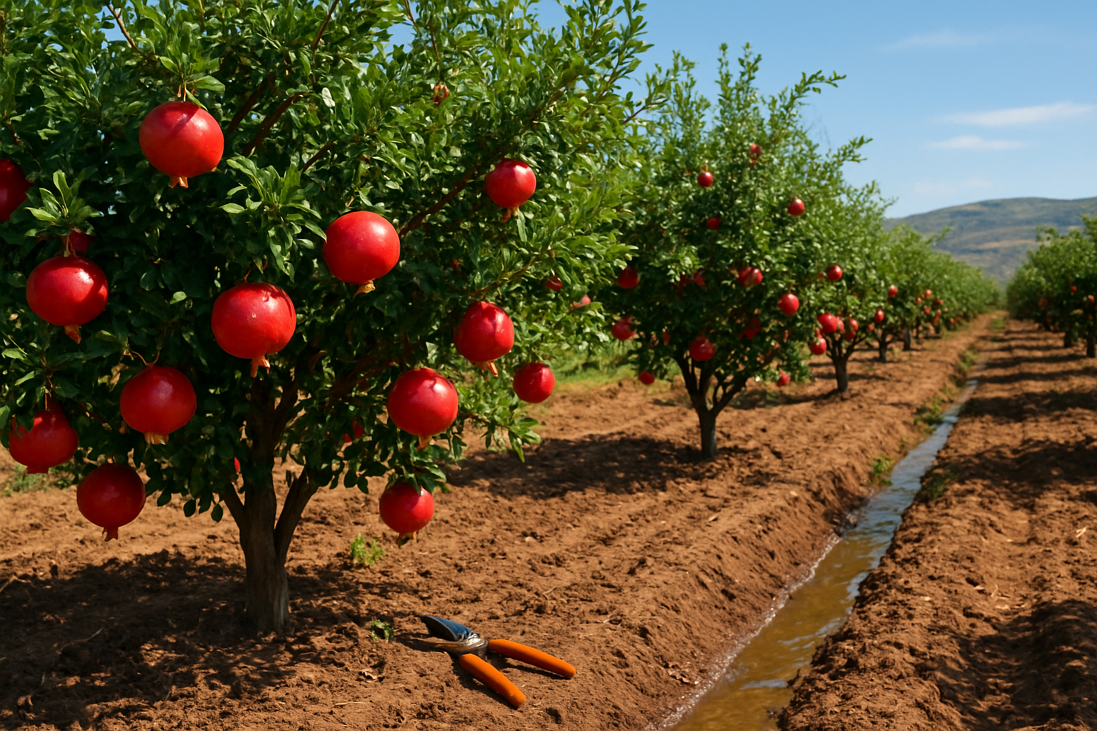 Create a realistic image of a pomegranate orchard with mature pomegranate trees bearing ripe red fruits, showing rows of well-maintained trees with glossy green leaves, fertile brown soil with proper irrigation channels, bright sunny Mediterranean climate lighting, rolling hills in the background, and agricultural tools like pruning shears placed near the base of trees, capturing the essence of commercial pomegranate cultivation and optimal growing conditions. Absolutely NO text should be in the scene.