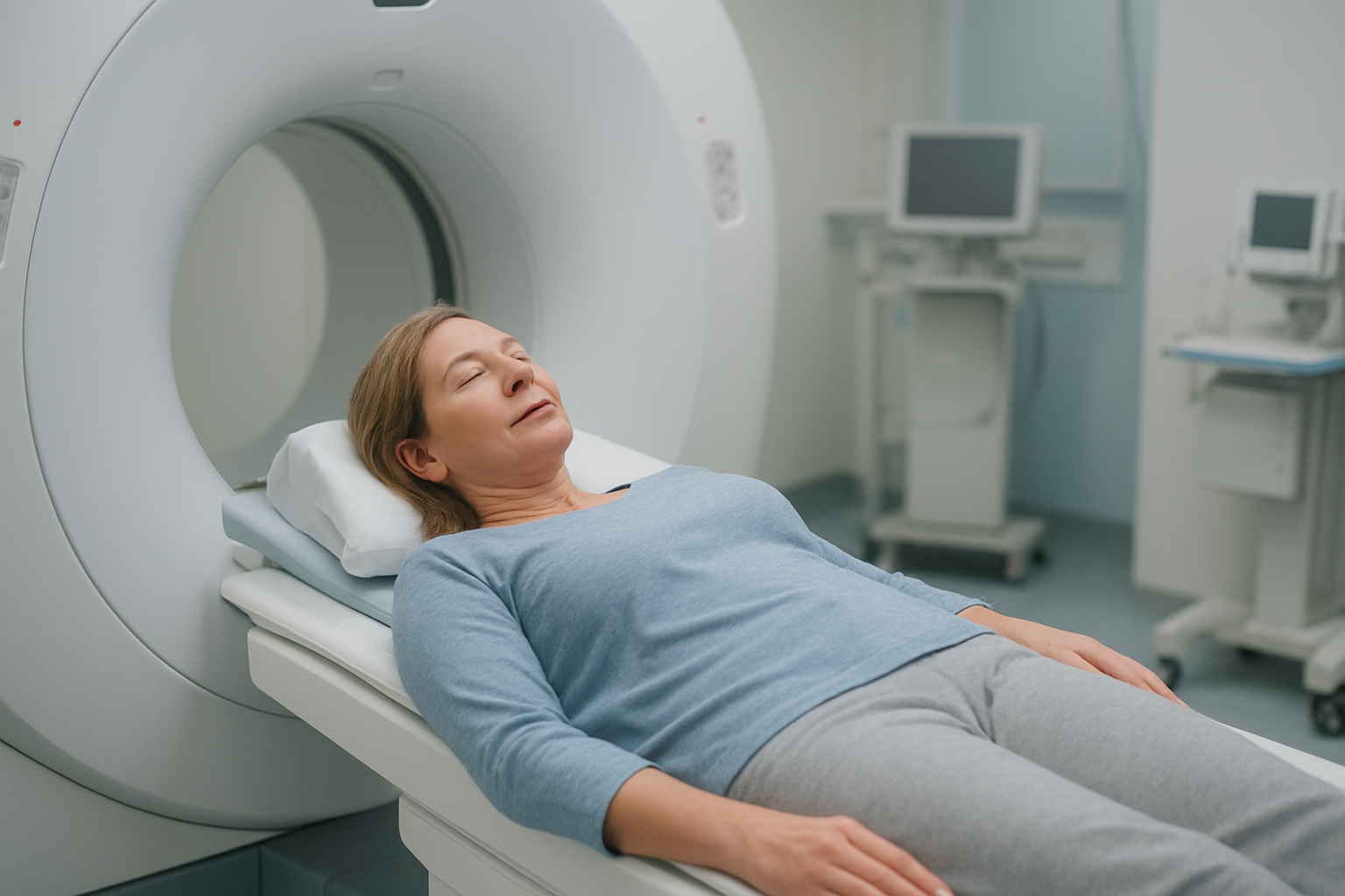 Create a realistic image of a middle-aged white female patient lying on an MRI machine bed preparing for a brain scan, wearing comfortable clothing without metal accessories, with a calm and relaxed expression, positioned next to a modern MRI scanner in a clean medical facility, soft clinical lighting illuminating the sterile white and blue medical environment, with medical equipment and monitors visible in the background, capturing the preparatory moment before the scanning procedure begins, absolutely NO text should be in the scene.