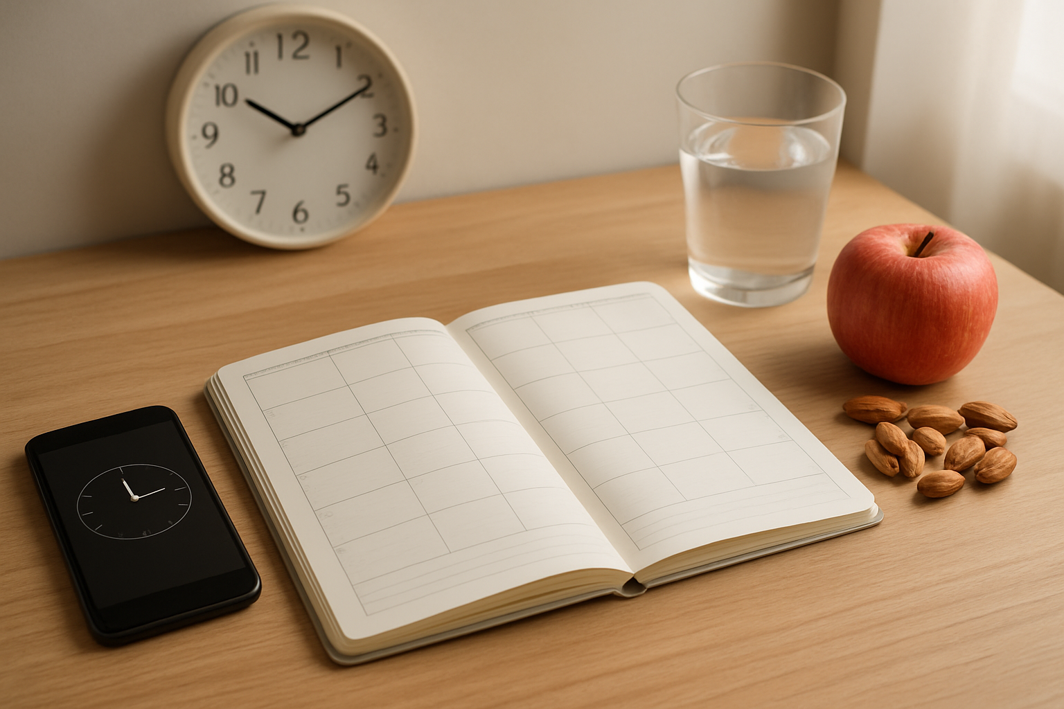 Create a realistic image of a clean wooden desk surface with an open planner or journal displaying empty calendar grids and time slots, surrounded by a smartphone showing a clock app, a simple analog wall clock in the background, a glass of water, and a few healthy foods like an apple and nuts arranged nearby, with soft natural lighting from a window creating a calm and organized atmosphere for meal planning and scheduling, absolutely NO text should be in the scene.