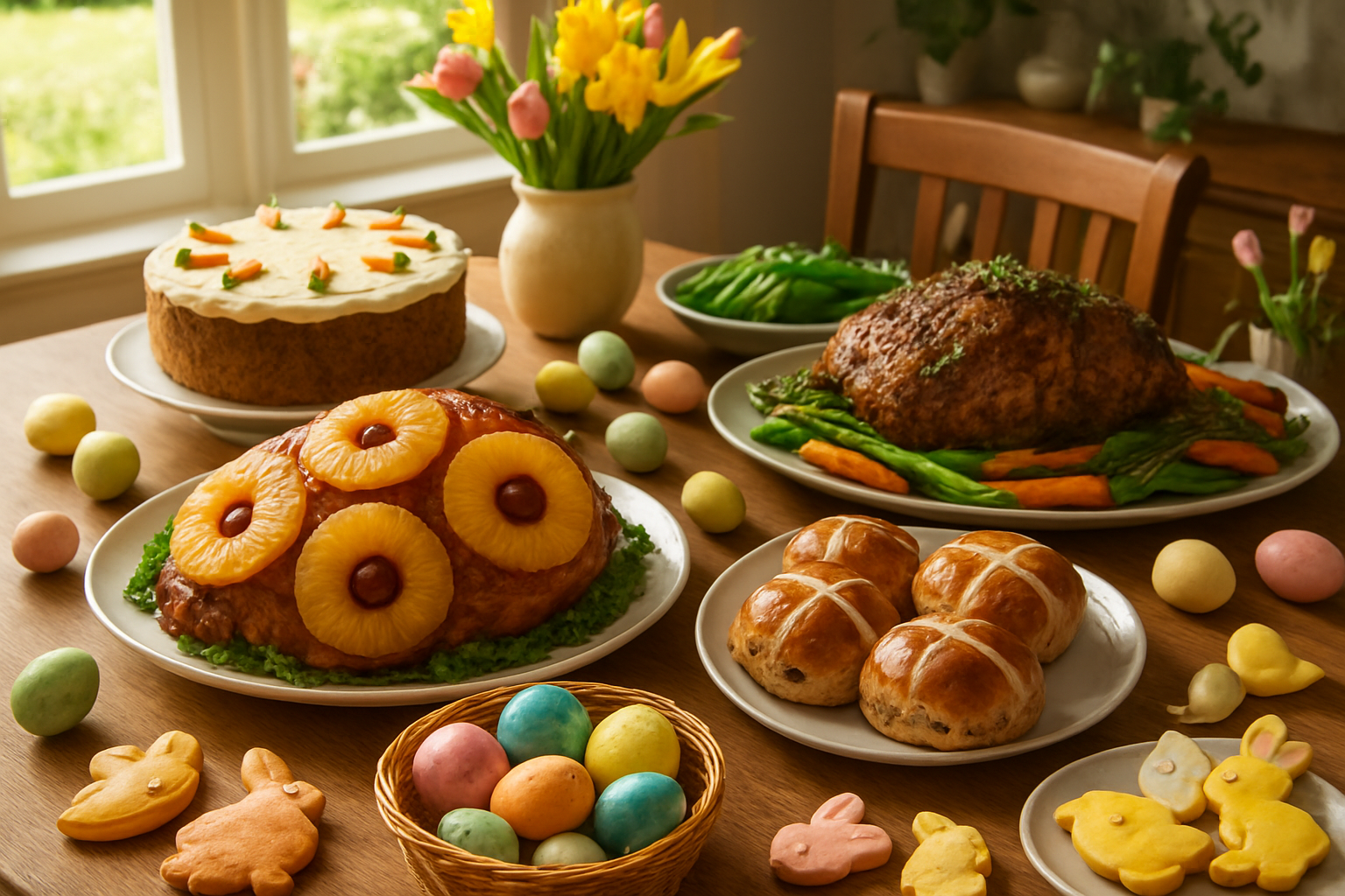 Create a realistic image of a beautifully arranged Easter feast spread on a wooden dining table featuring traditional Easter foods including glazed ham with pineapple rings, colorful decorated Easter eggs in a wicker basket, hot cross buns on a ceramic plate, freshly baked carrot cake with cream cheese frosting, roasted lamb with herbs, seasonal spring vegetables, and Easter cookies shaped like bunnies and chicks, all set in a warm home kitchen with natural sunlight streaming through windows creating a cozy festive atmosphere, surrounded by fresh spring flowers and pastel Easter decorations, absolutely NO text should be in the scene.