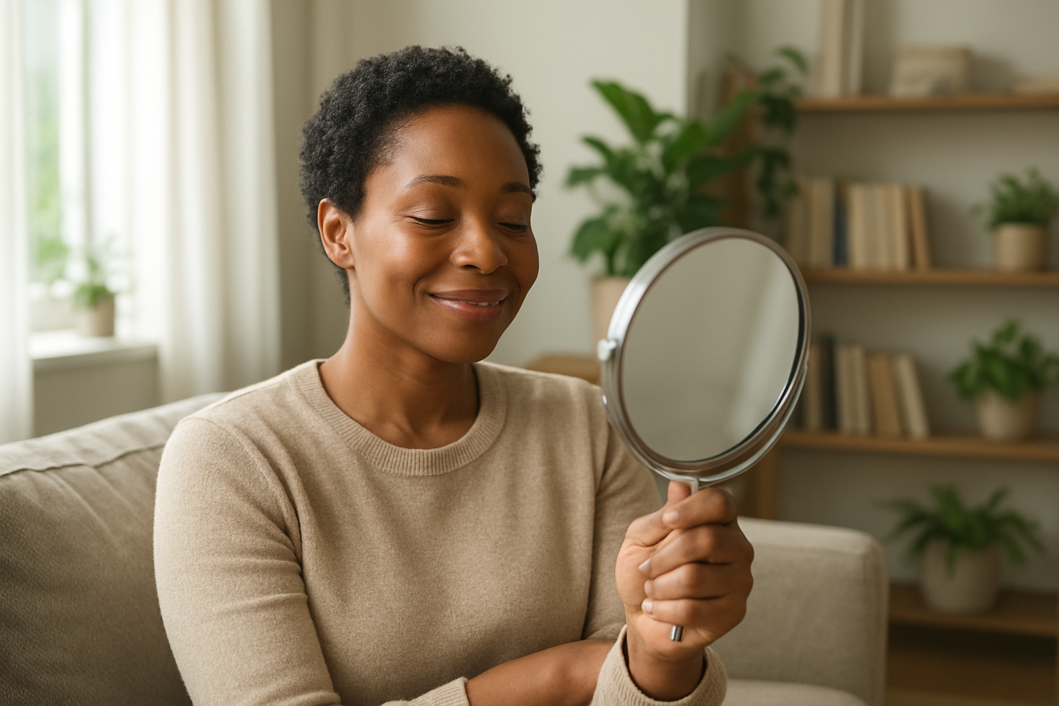 Create a realistic image of a confident black woman in her 30s sitting peacefully in a bright, modern living room, looking at herself in a handheld mirror with a gentle, self-accepting smile, surrounded by soft natural lighting from a large window, with plants and books in the background creating a serene, nurturing atmosphere that conveys self-reflection and personal growth. Absolutely NO text should be in the scene.