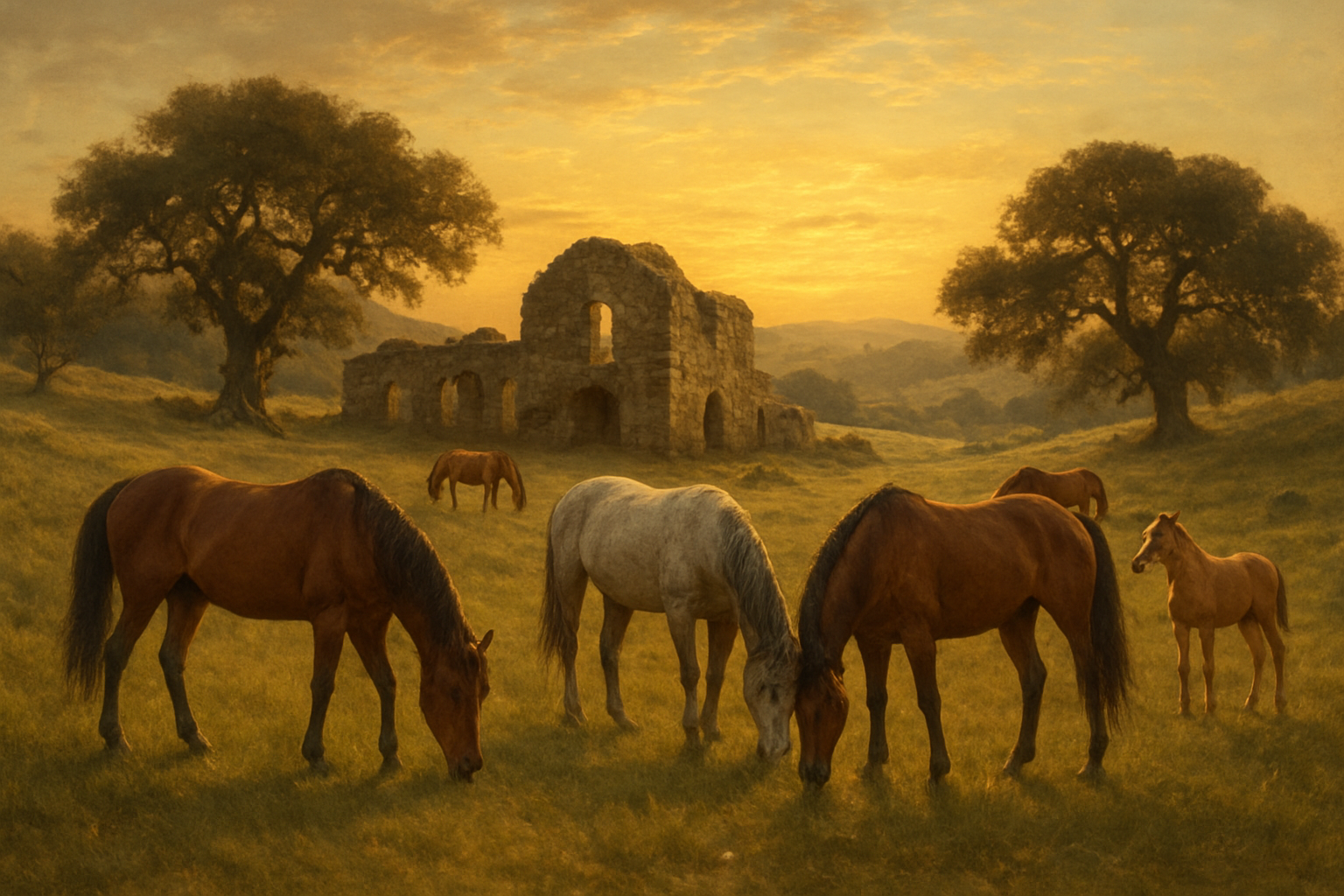 Create a realistic image of an ancient pastoral landscape showing the historical origins of horse breeding, featuring a group of magnificent horses with distinctive characteristics grazing in rolling hills, with weathered stone ruins of old stables or breeding facilities in the middle distance, set against a golden sunset sky that evokes a sense of historical significance and timeless tradition, with natural grasslands and scattered ancient oak trees creating an atmospheric background that suggests centuries of equestrian heritage, absolutely NO text should be in the scene.