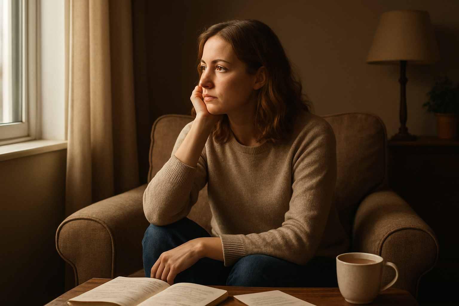 Create a realistic image of a thoughtful white female in her 30s sitting in a cozy living room, looking contemplatively out a window with soft natural light streaming in, surrounded by a warm interior with a comfortable armchair, a small side table with a steaming cup of tea, scattered journal pages nearby, peaceful and introspective atmosphere with muted earth tones, gentle morning lighting creating a reflective mood, absolutely NO text should be in the scene.