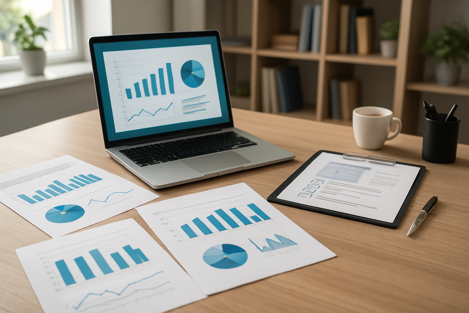 Create a realistic image of a professional workspace showing completed high-quality work deliverables including a laptop displaying a polished presentation, printed documents with charts and graphs neatly organized on a clean desk, a tablet showing a finished design project, and various tools of excellence like a quality assurance checklist, all arranged in an organized manner with soft natural lighting from a window, conveying success and professional achievement, with a modern office background featuring bookshelves and plants, absolutely NO text should be in the scene.