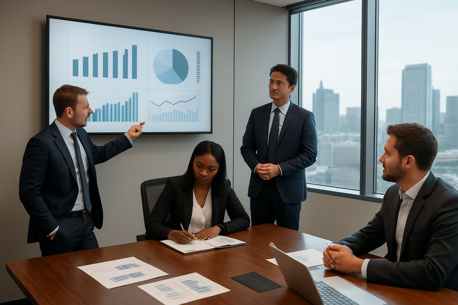 Create a realistic image of a diverse group of real estate professionals in a modern conference room setting, including a white male in a suit pointing to charts on a wall-mounted screen, a black female professional taking notes at a polished wooden table, and an Asian male presenter standing beside financial graphs and market trend displays, with floor-to-ceiling windows showing a city skyline in the background, professional lighting illuminating the scene, laptops and documents scattered on the table, creating an atmosphere of strategic planning and market analysis. Absolutely NO text should be in the scene.