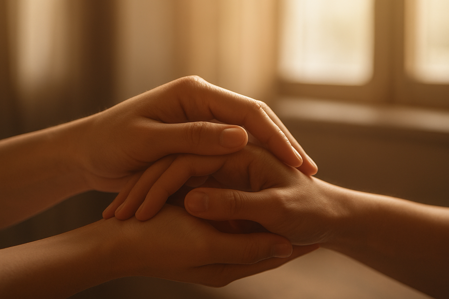 Create a realistic image of a close-up view of two hands gently intertwined, with one hand softly caressing the other's fingers, set against a warm, softly lit indoor background with natural lighting filtering through a window, capturing an intimate moment of tender physical connection, with the focus on the gentle touch and warmth between the hands, creating a peaceful and loving atmosphere that emphasizes subtle affection rather than dramatic romance, absolutely NO text should be in the scene.