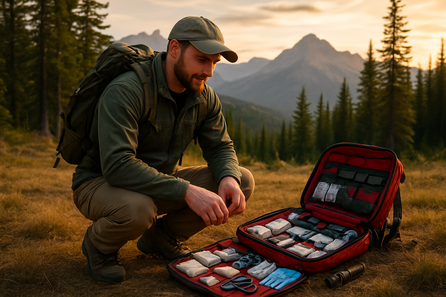 Create a realistic image of a white male wilderness medical responder in outdoor gear kneeling beside an organized medical kit spread on the ground, with essential supplies like bandages, medications, and emergency tools neatly arranged, set against a beautiful mountain wilderness backdrop with tall pine trees and distant peaks under golden hour lighting, conveying a sense of preparedness, competence, and peaceful confidence after successfully handling an emergency situation, with the responder looking calm and professional while packing up the medical supplies, absolutely NO text should be in the scene.