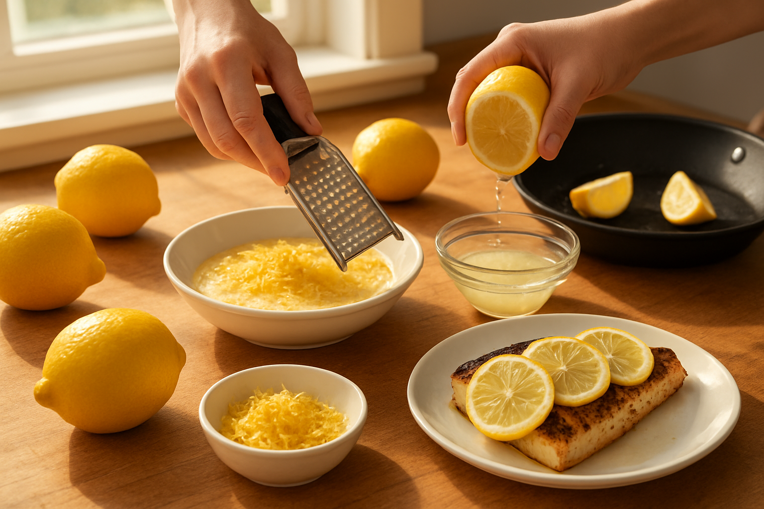 Create a realistic image of a vibrant kitchen scene showcasing various culinary applications of lemons, featuring fresh whole lemons and lemon slices arranged around different cooking preparations including lemon zest being grated over a dish, lemon juice being squeezed into a bowl, lemon slices garnishing grilled fish on a plate, and lemon wedges beside a cooking pan, with warm natural lighting streaming through a window onto a wooden countertop, creating an inviting culinary atmosphere that demonstrates the transformative power of lemons in cooking, absolutely NO text should be in the scene.