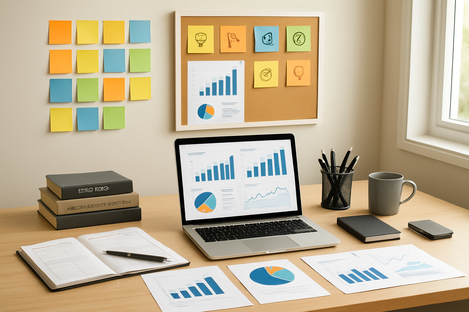 Create a realistic image of a professional workspace showing organized systems for growth and development, featuring a clean desk with neatly arranged planning materials including charts, graphs, and strategic documents, a laptop displaying productivity dashboards, colorful sticky notes organized in systematic patterns, a planner with goal-setting pages open, stacked books on leadership and personal development, a vision board with achievement milestones, and modern office supplies arranged in an orderly fashion, set against a bright, motivating office environment with natural lighting streaming through a window, conveying productivity, organization, and strategic planning for success, absolutely NO text should be in the scene.