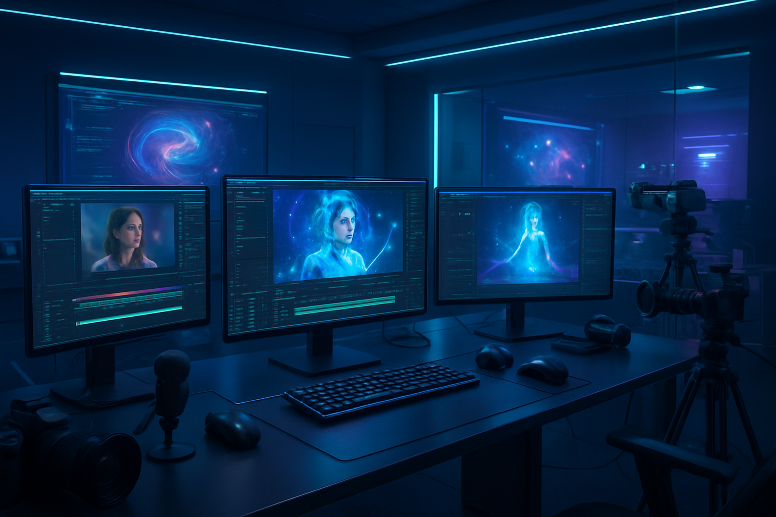 Create a realistic image of a modern digital content creation studio with AI-powered workstations showing video editing software, 3D rendering applications, and automated production tools on multiple monitors, featuring sleek computer setups with holographic displays projecting animated characters and visual effects, surrounded by professional cameras, microphones, and gaming equipment, set against a futuristic tech environment with soft blue and purple ambient lighting, conveying innovation and technological advancement in media production, absolutely NO text should be in the scene.