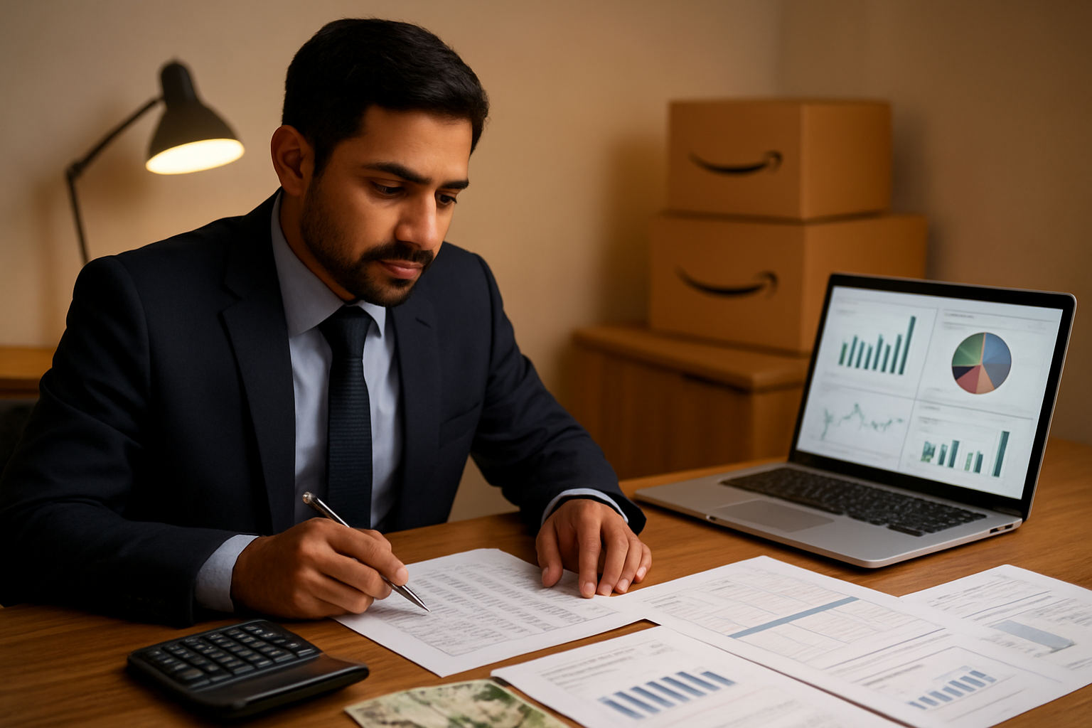 Create a realistic image of a modern office desk setup with a calculator, spreadsheet papers, Pakistani rupee currency notes, a laptop displaying charts and graphs, Amazon product boxes in the background, a South Asian male businessman in professional attire analyzing financial data, warm indoor lighting from a desk lamp, clean organized workspace environment, and pricing comparison documents scattered on the desk. Absolutely NO text should be in the scene.