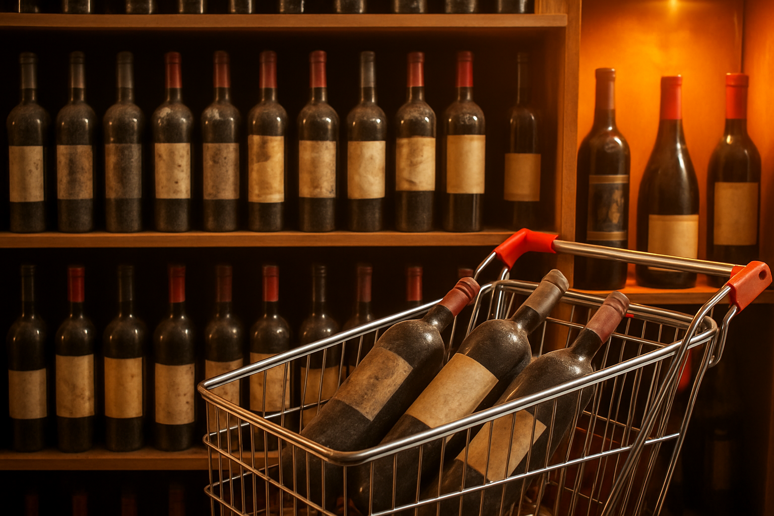 Create a realistic image of a wine store shelf with several wine bottles displaying common mistake indicators: dusty bottles, bottles stored upright, wines with damaged labels, overpriced bottles with excessive marketing, and a few bottles near a heat source or bright lighting, with a shopping cart in the foreground containing incorrectly chosen wines, warm lighting throughout the store scene, absolutely NO text should be in the scene.