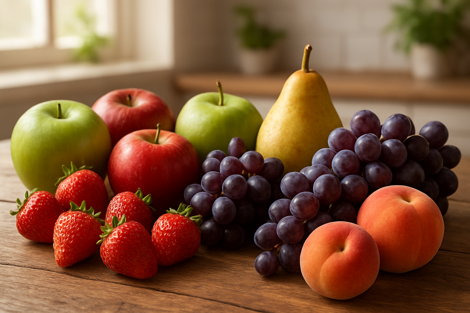 Create a realistic image of a beautifully arranged display of popular temperate climate fruits including red and green apples, ripe pears, fresh strawberries, purple grapes in clusters, and orange peaches arranged on a rustic wooden table with soft natural lighting from a window, set against a clean kitchen or market backdrop with subtle greenery in the background, captured in warm daylight that highlights the vibrant colors and fresh textures of the fruits, absolutely NO text should be in the scene.