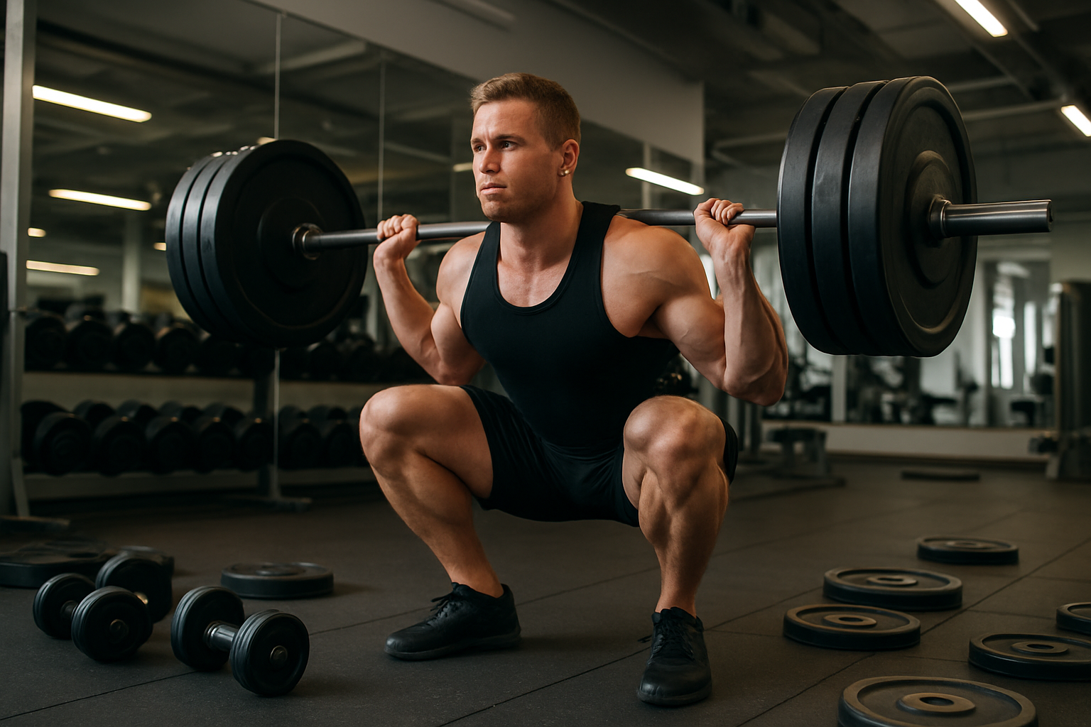 Create a realistic image of a muscular white male athlete in a modern gym performing a barbell squat with multiple weight plates loaded on the barbell, showing proper form with focused concentration, surrounded by various dumbbells and weight plates of different sizes arranged on the floor, bright gym lighting with mirrors in the background reflecting the training environment, conveying determination and progressive strength building. Absolutely NO text should be in the scene.