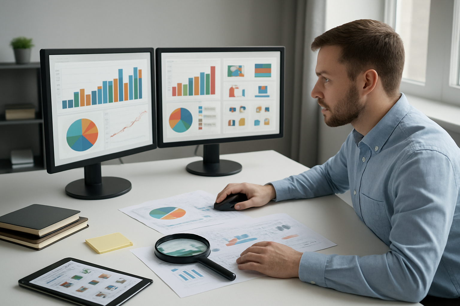 Create a realistic image of a modern workspace with a white male researcher analyzing market data on multiple computer monitors displaying colorful charts, graphs, and product categories, with a magnifying glass positioned over printed market research documents on a clean desk, surrounded by notebooks, sticky notes, and a tablet showing Amazon product listings, set against a contemporary office background with soft natural lighting from a window, conveying a focused and analytical atmosphere for discovering profitable niche markets, absolutely NO text should be in the scene.